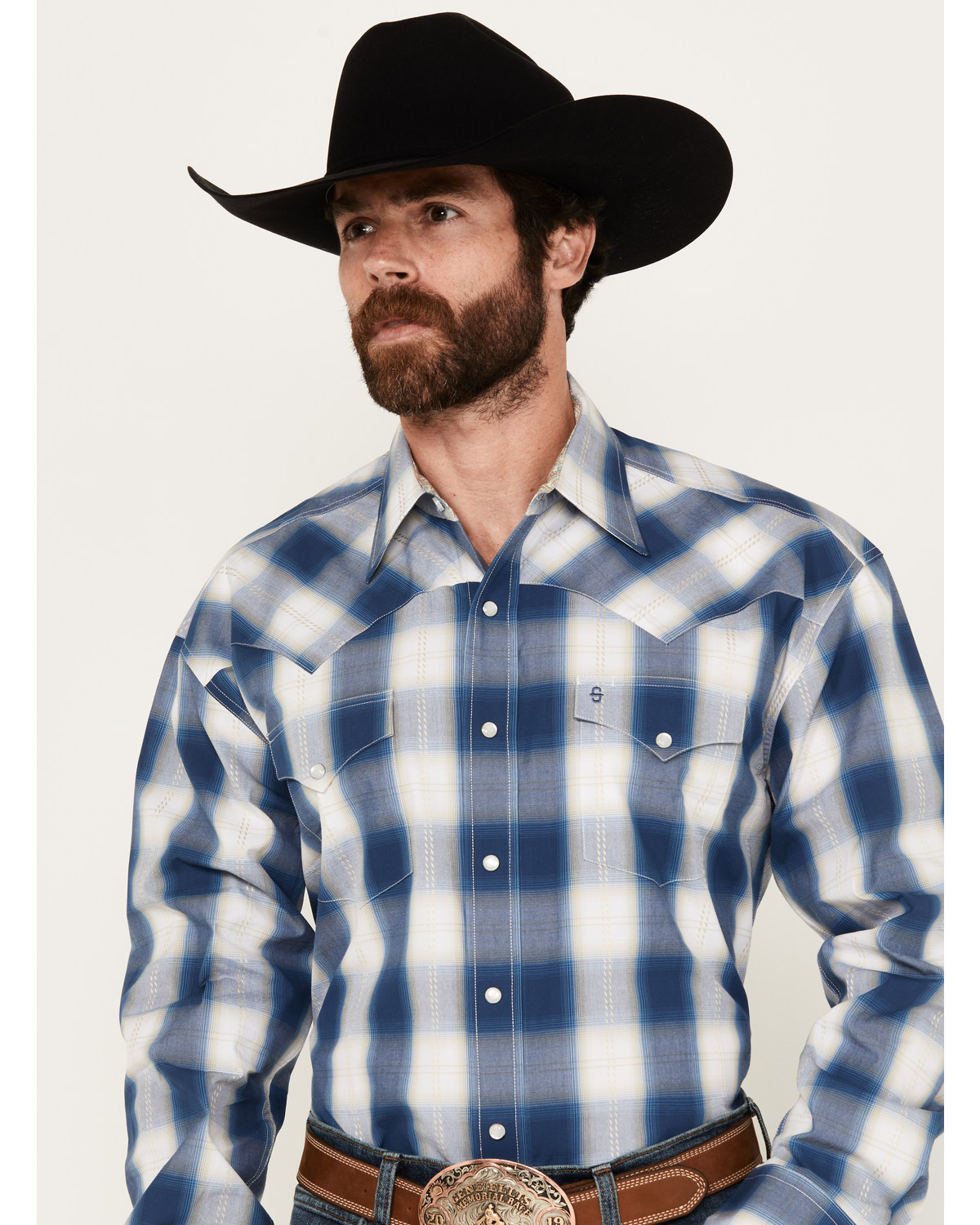 Stetson Men's Dobby Plaid Print Long Sleeve Western Pearl Snap Shirt