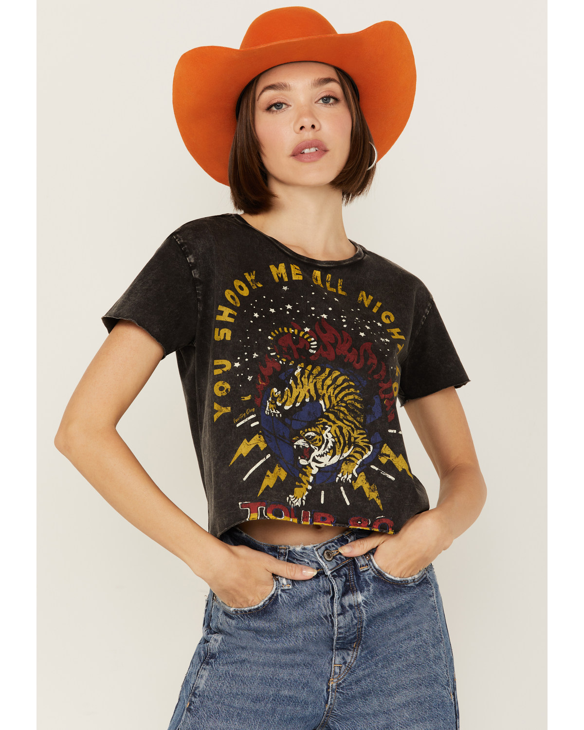 Country Deep Women's Acid Wash Shook Me Short Sleeve Cropped Graphic Tee