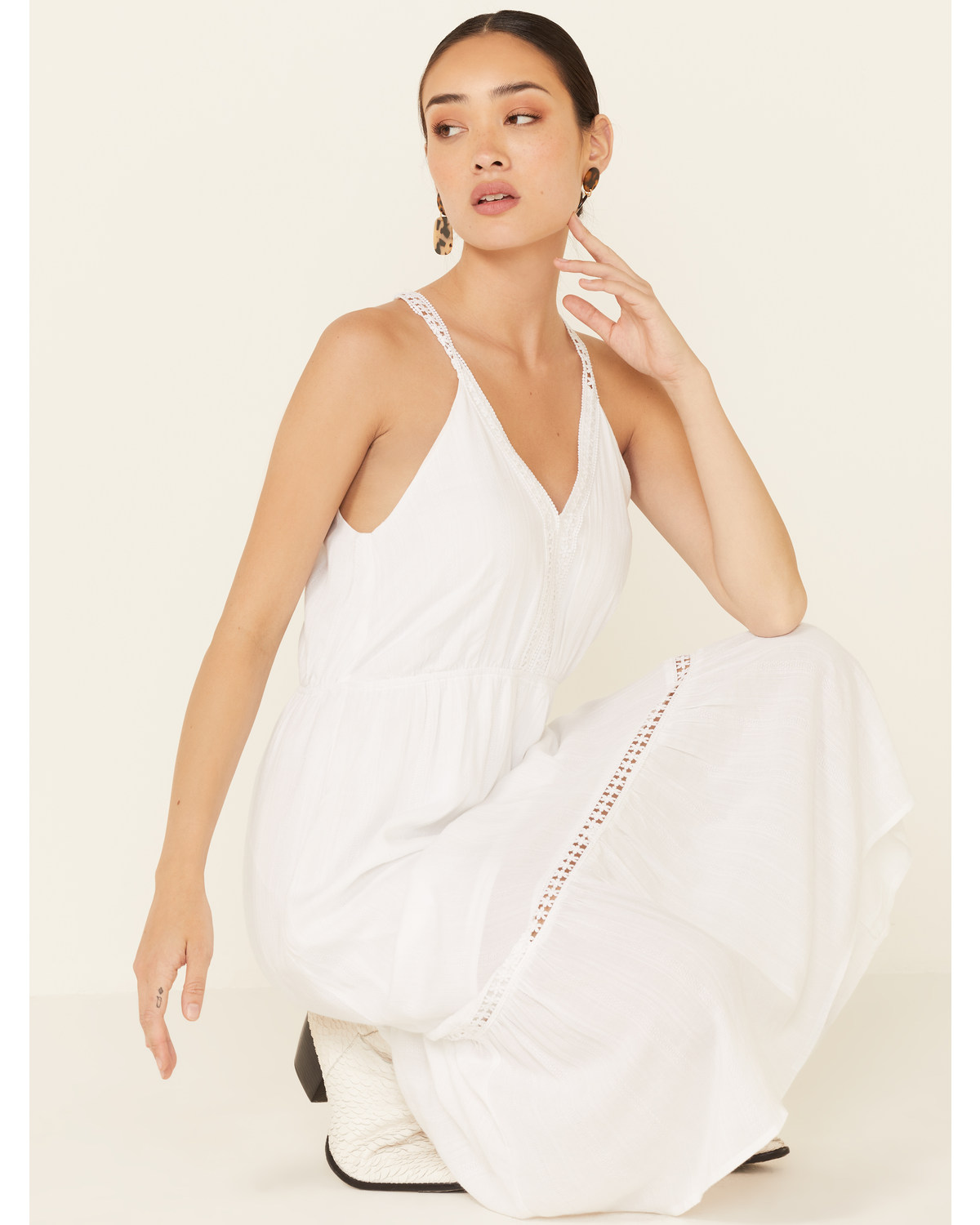 Molly Bracken Women's White Lace Trim Maxi Dress