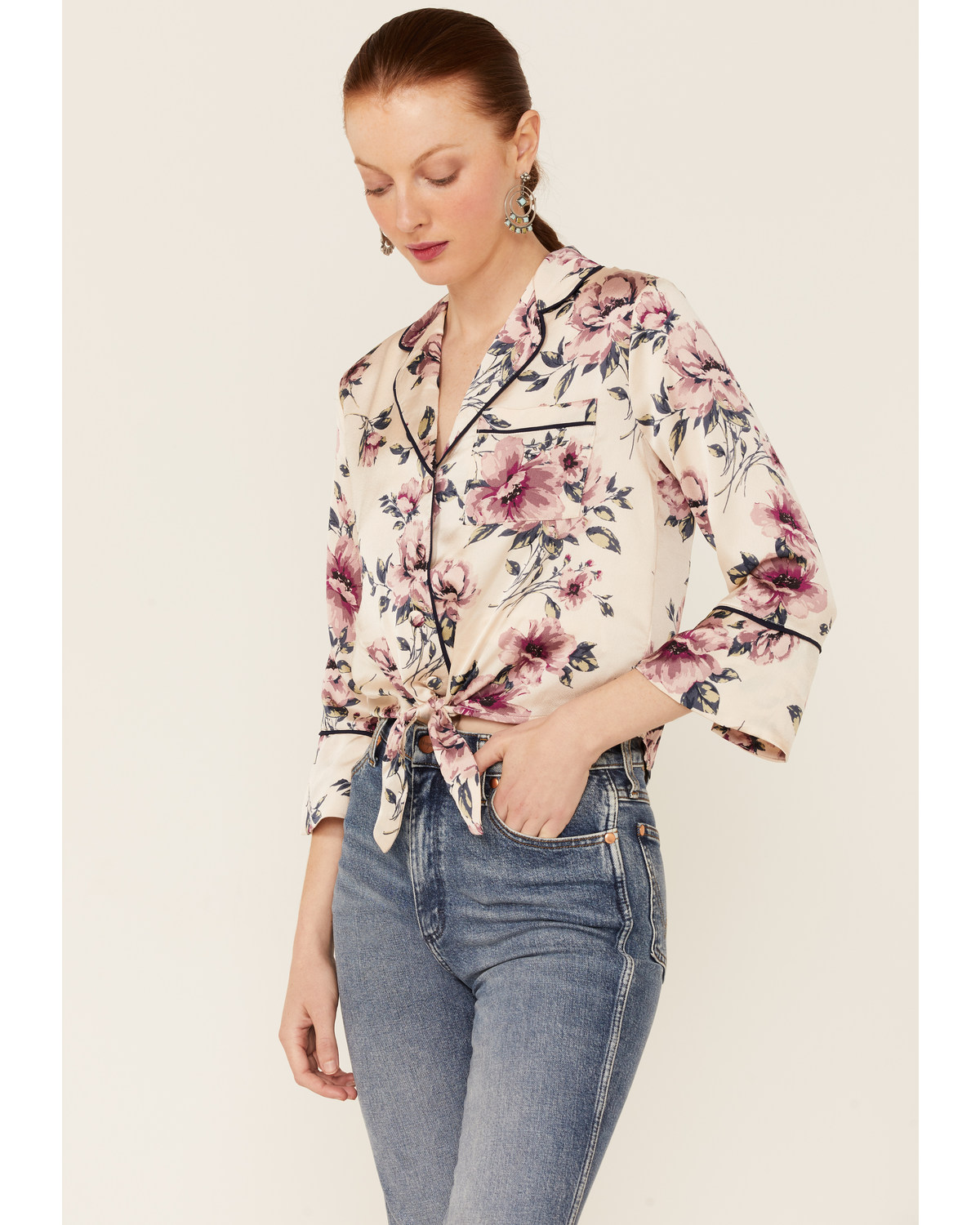 June & Hudson Women's Long Sleeve Satin Floral Tie Front Shirt