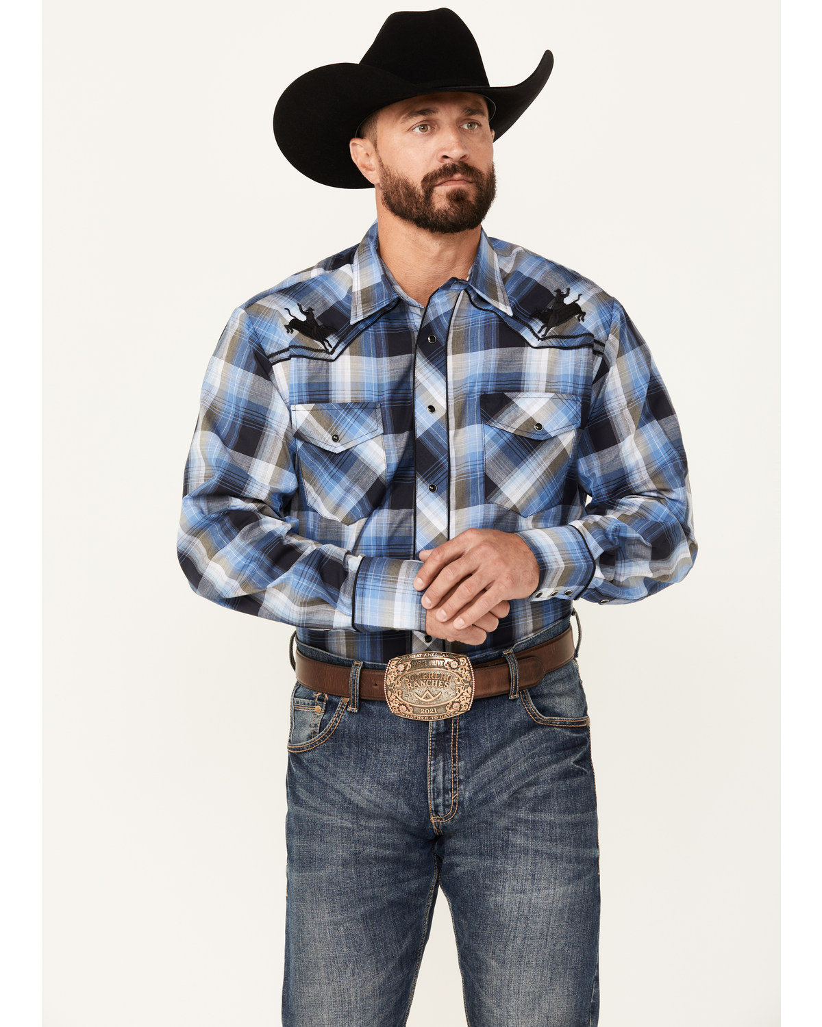 Roper Men's Plaid Print Embroidered Long Sleeve Snap Western Shirt