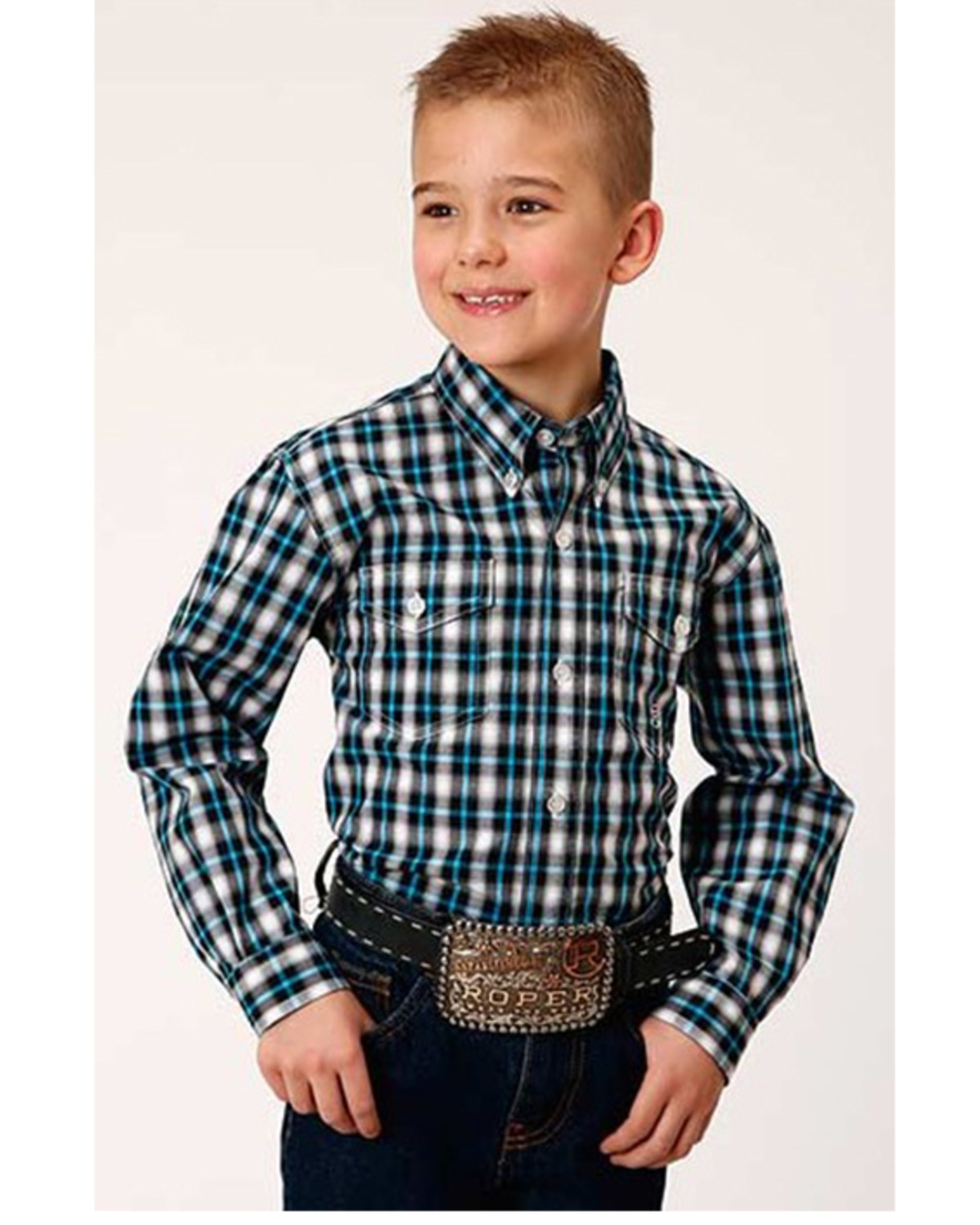 Roper Boys' Plaid Print Long Sleeve Button-Down Western Shirt