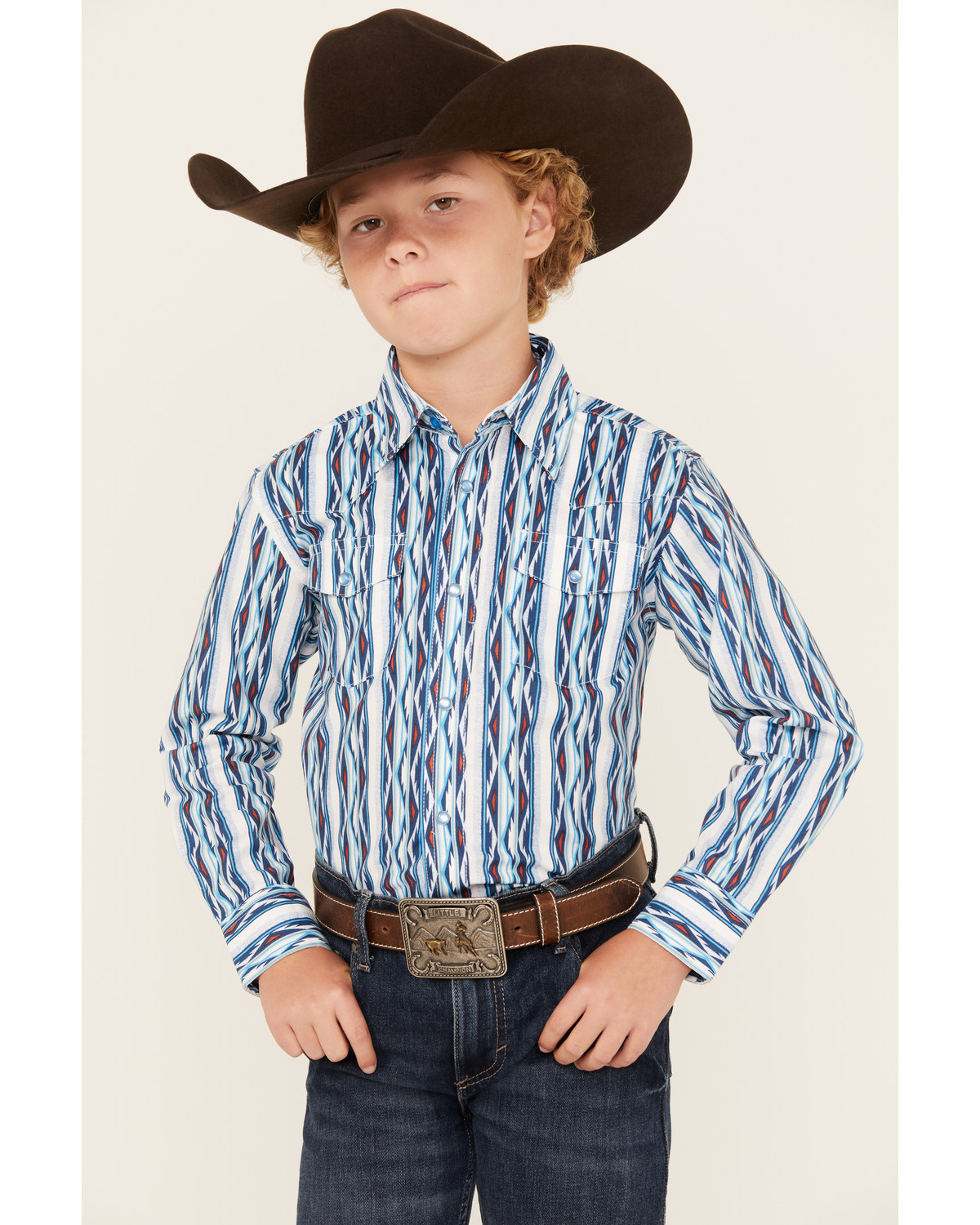 Wrangler Boys' Checotah Striped Long Sleeve Pearl Snap Western Shirt