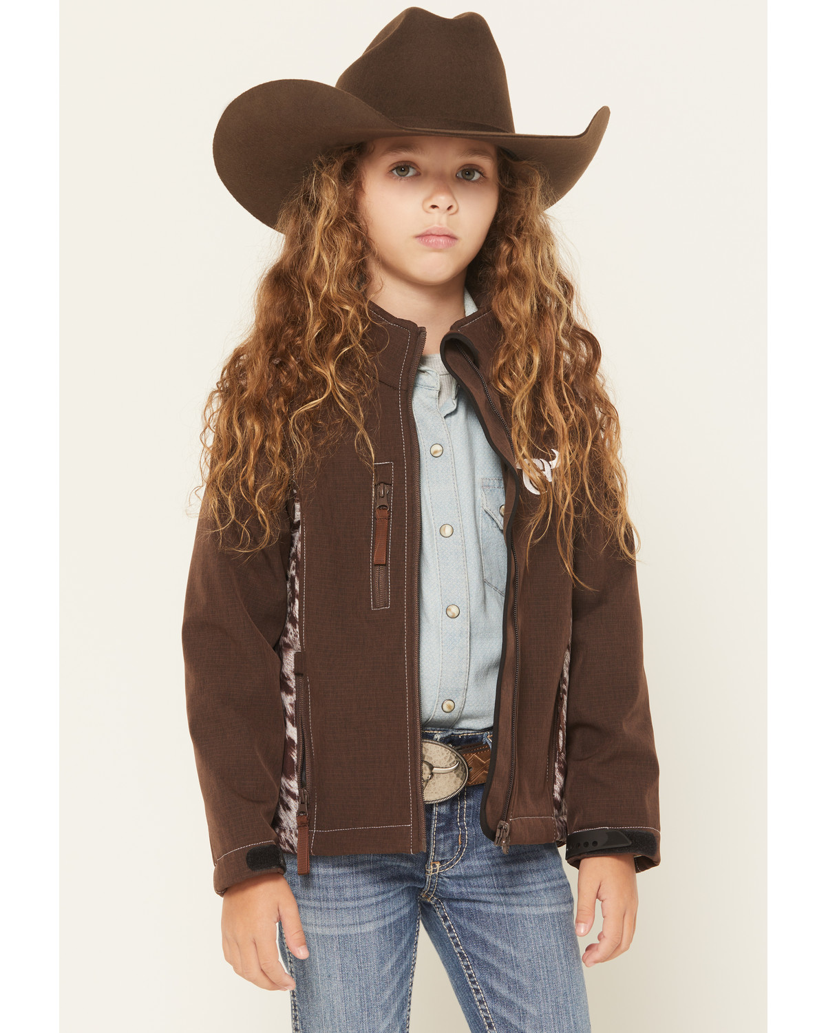 Cowgirl Hardware Girls' Cowhide Print Softshell Jacket