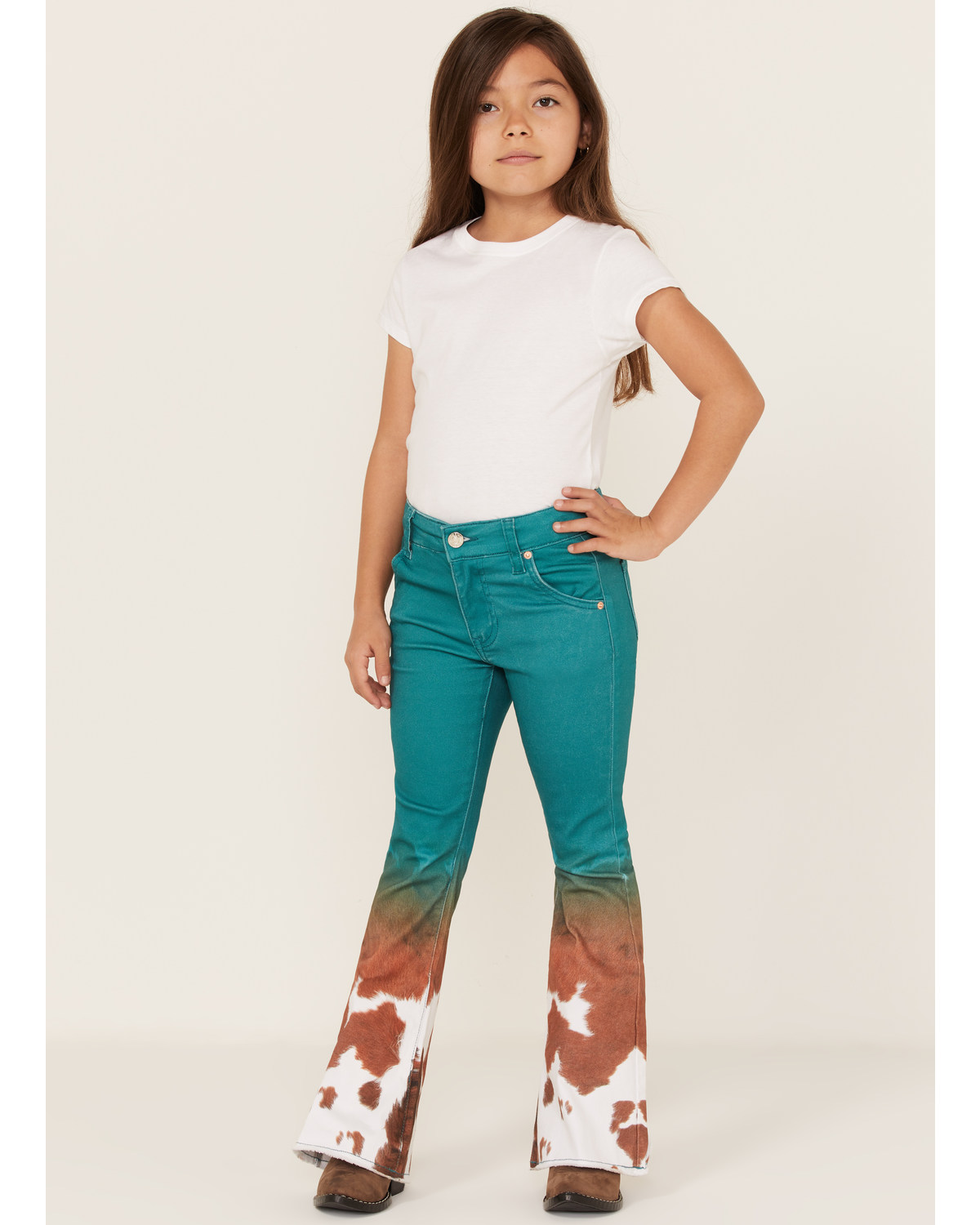Ranch Dress'n Girls' Cow Print Mid Rise Super Flare Jeans