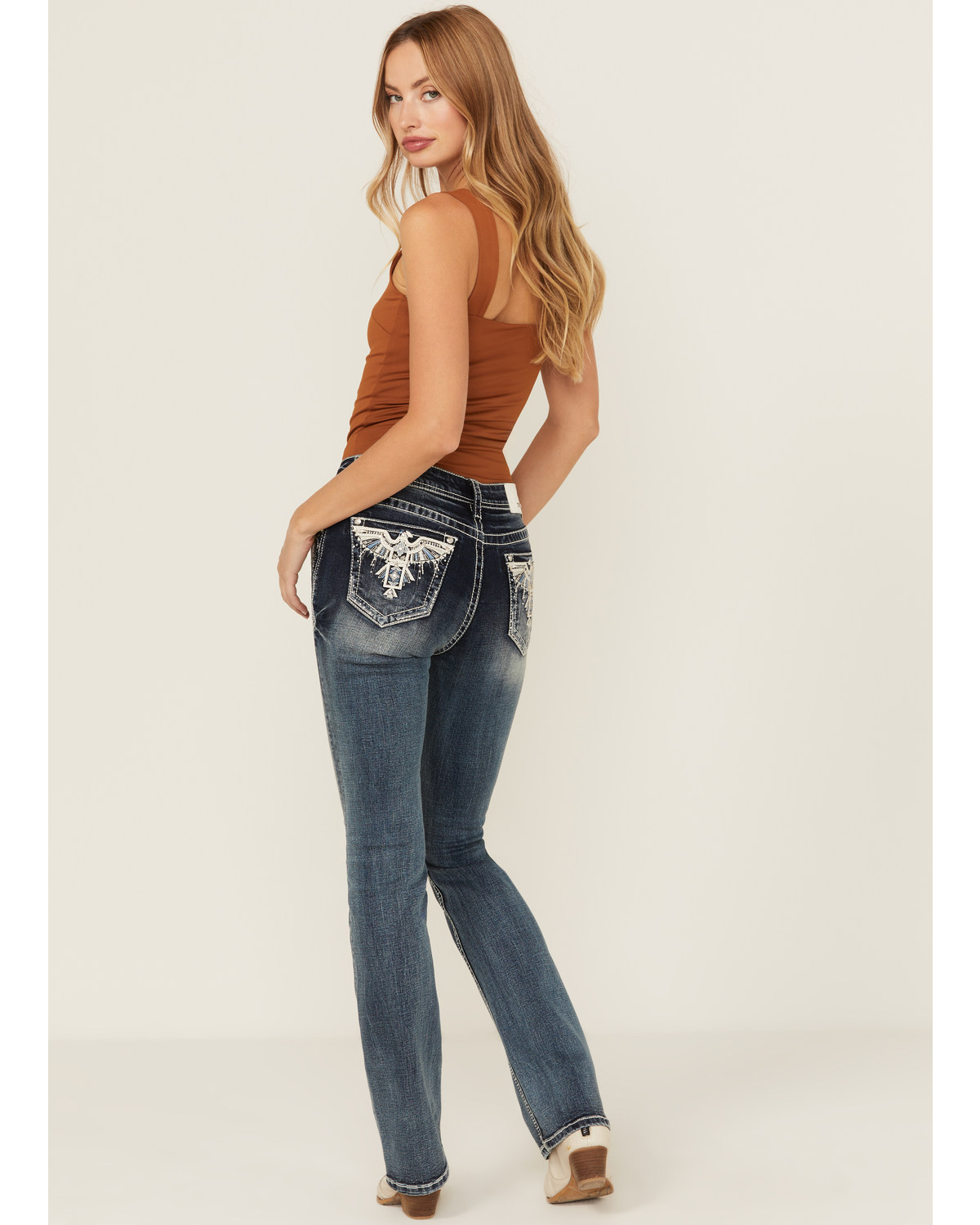 Grace LA Women's Medium Wash Mid Rise Thunderbird Pocket Bootcut Stretch Denim Jeans