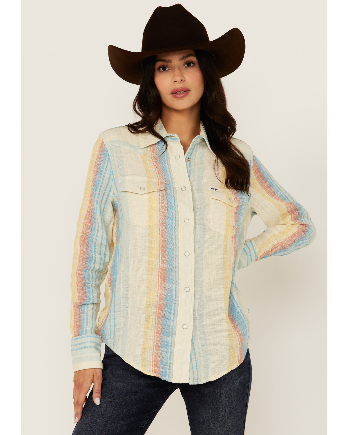 Wrangler Women's Striped Print Long Sleeve Snap Western Shirt