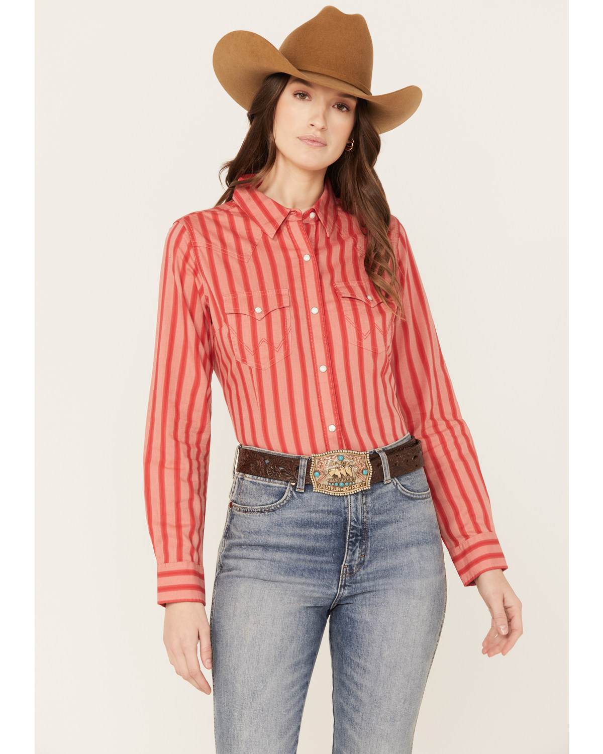 Wrangler Women's Striped Long Sleeve Western Pearl Snap Shirt