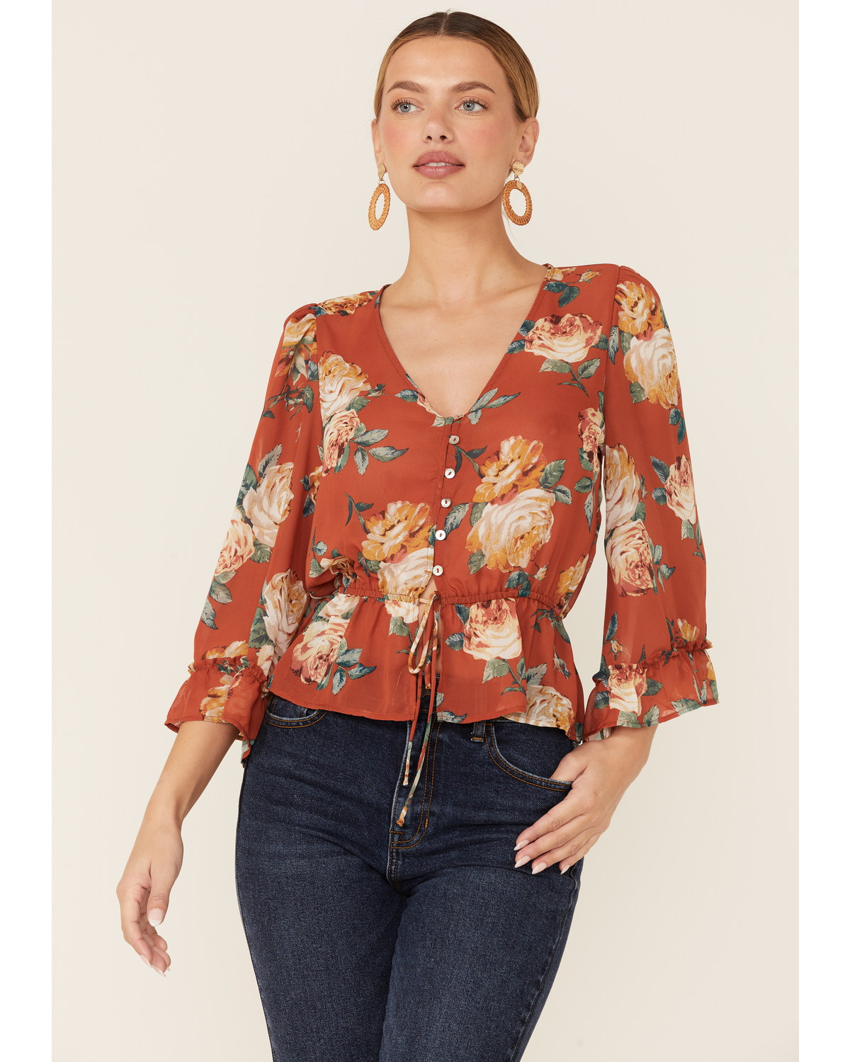 Wild Moss Women's Rust Floral Chiffon Bell Sleeve Blouse