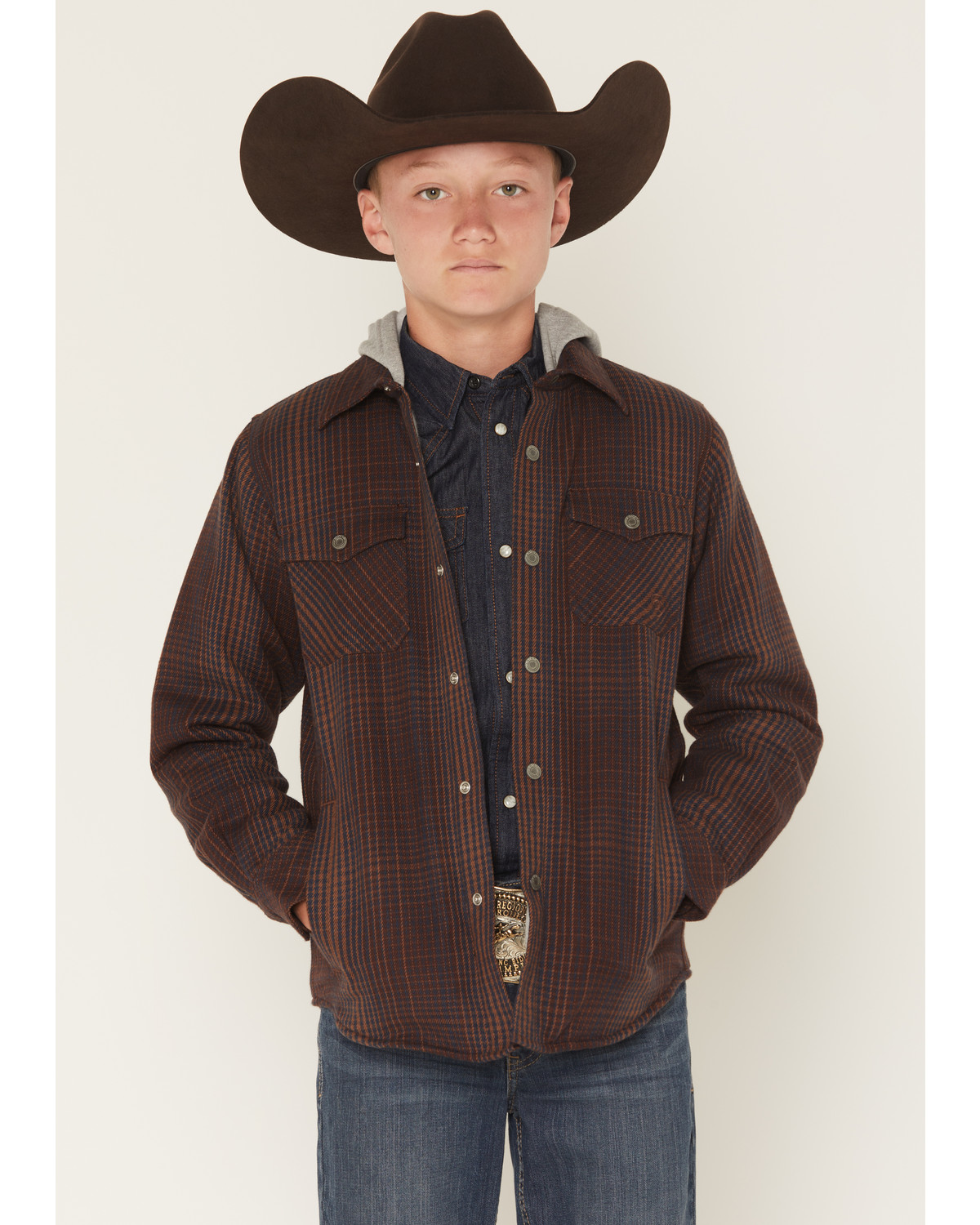 Ariat Boys' Retro Plaid Print Snap Shirt Jacket with Hood