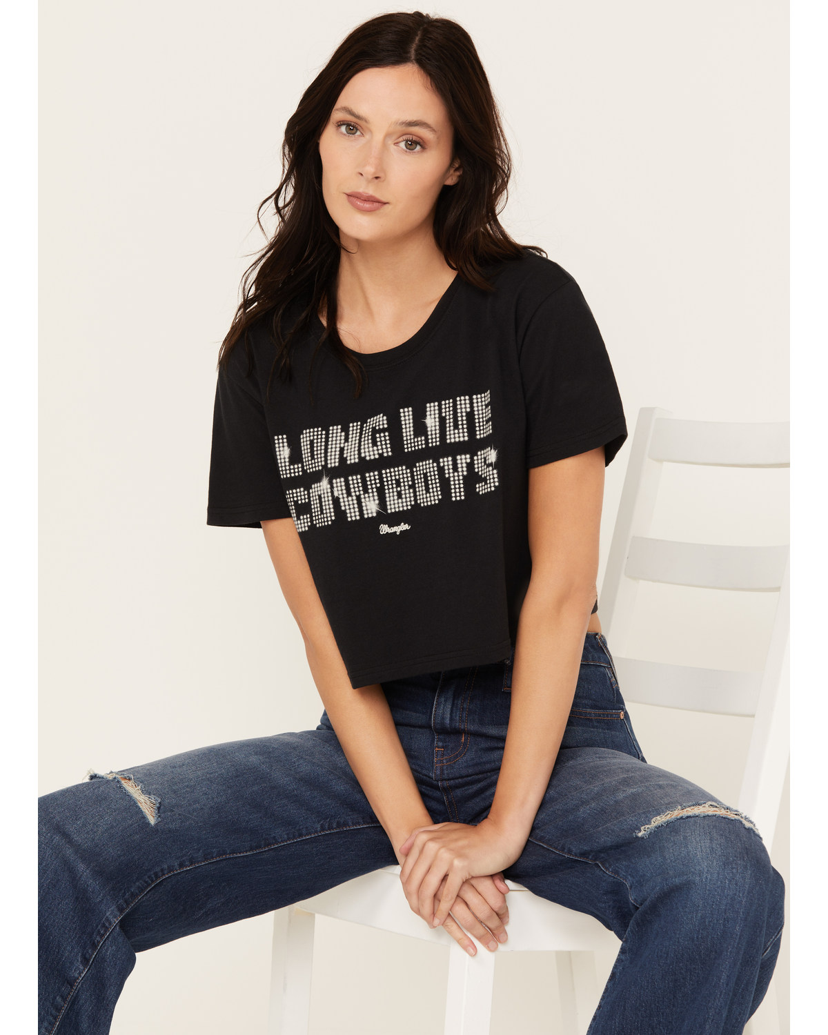 Wrangler Women's Long Live Cowboys Short Sleeve Graphic Cropped Tee