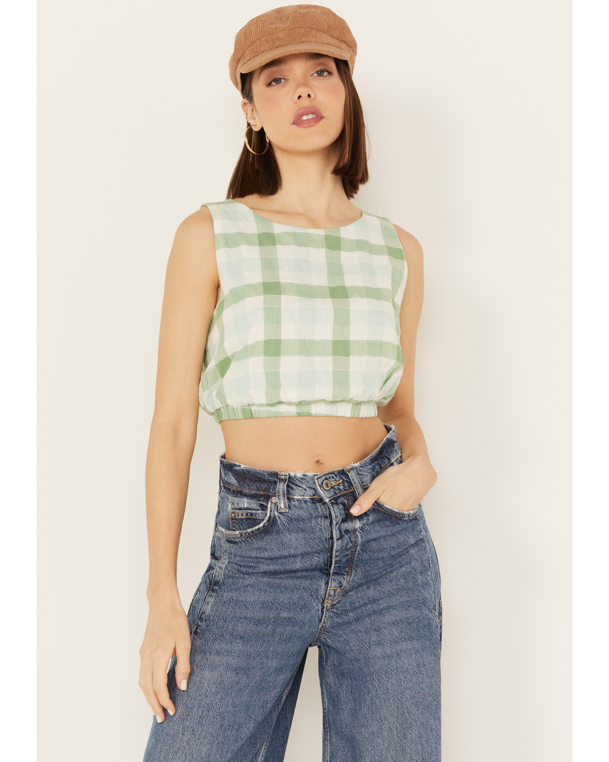 By Together Women's Gingham Print Cropped Sleeveless Top