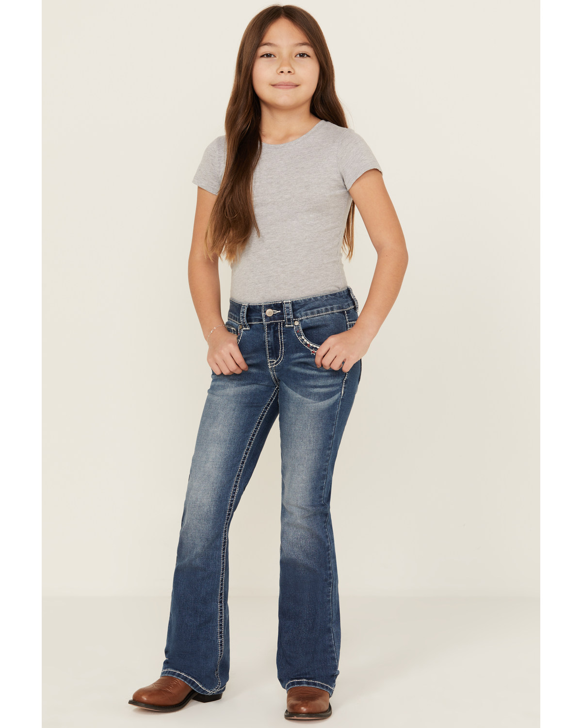 Shyanne Girls' Medium Wash Star Pocket Bootcut Stretch Denim Jeans