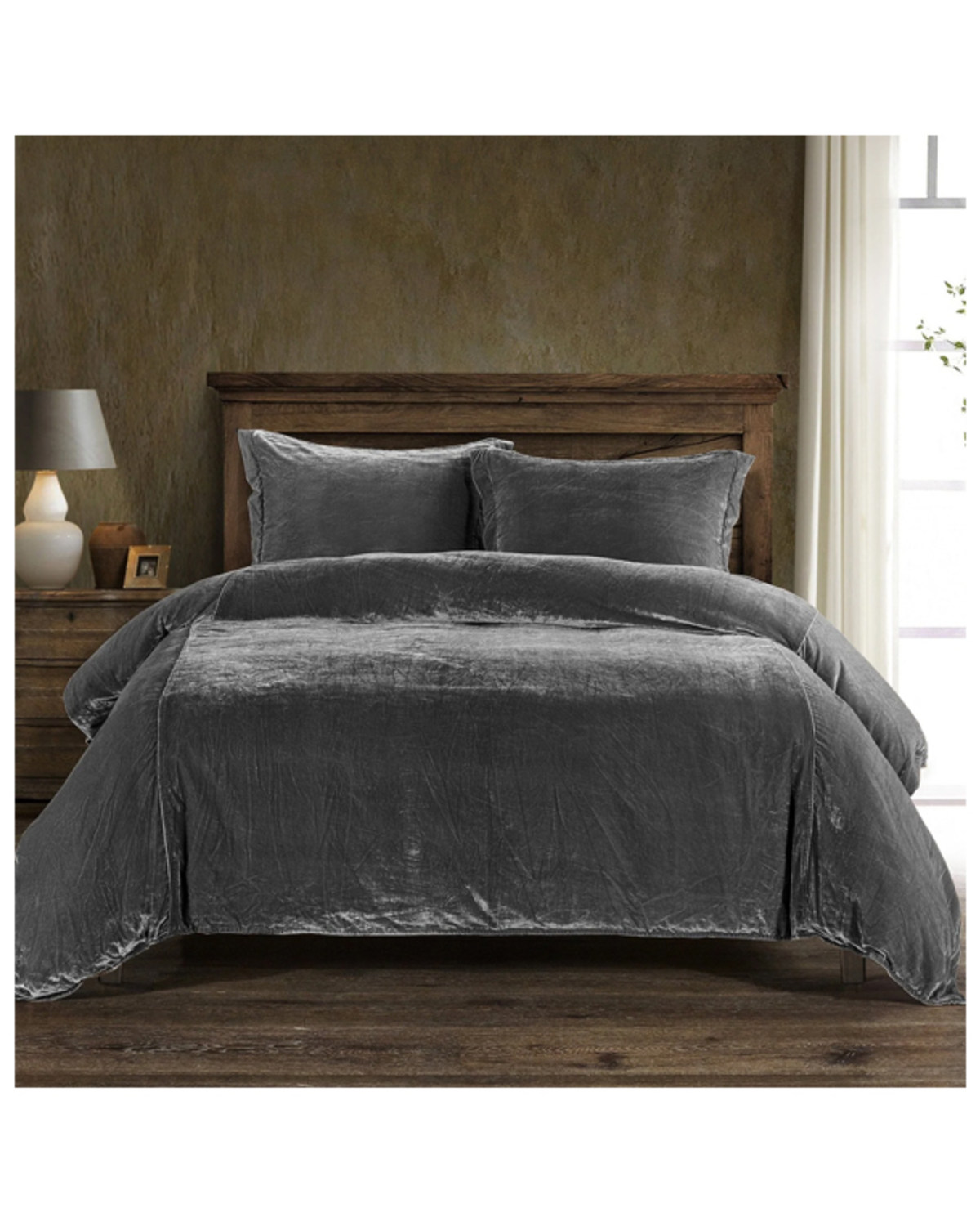 HiEnd Accents Slate Stella Faux Silk & Velvet Super King 3-Piece Duvet Cover Set