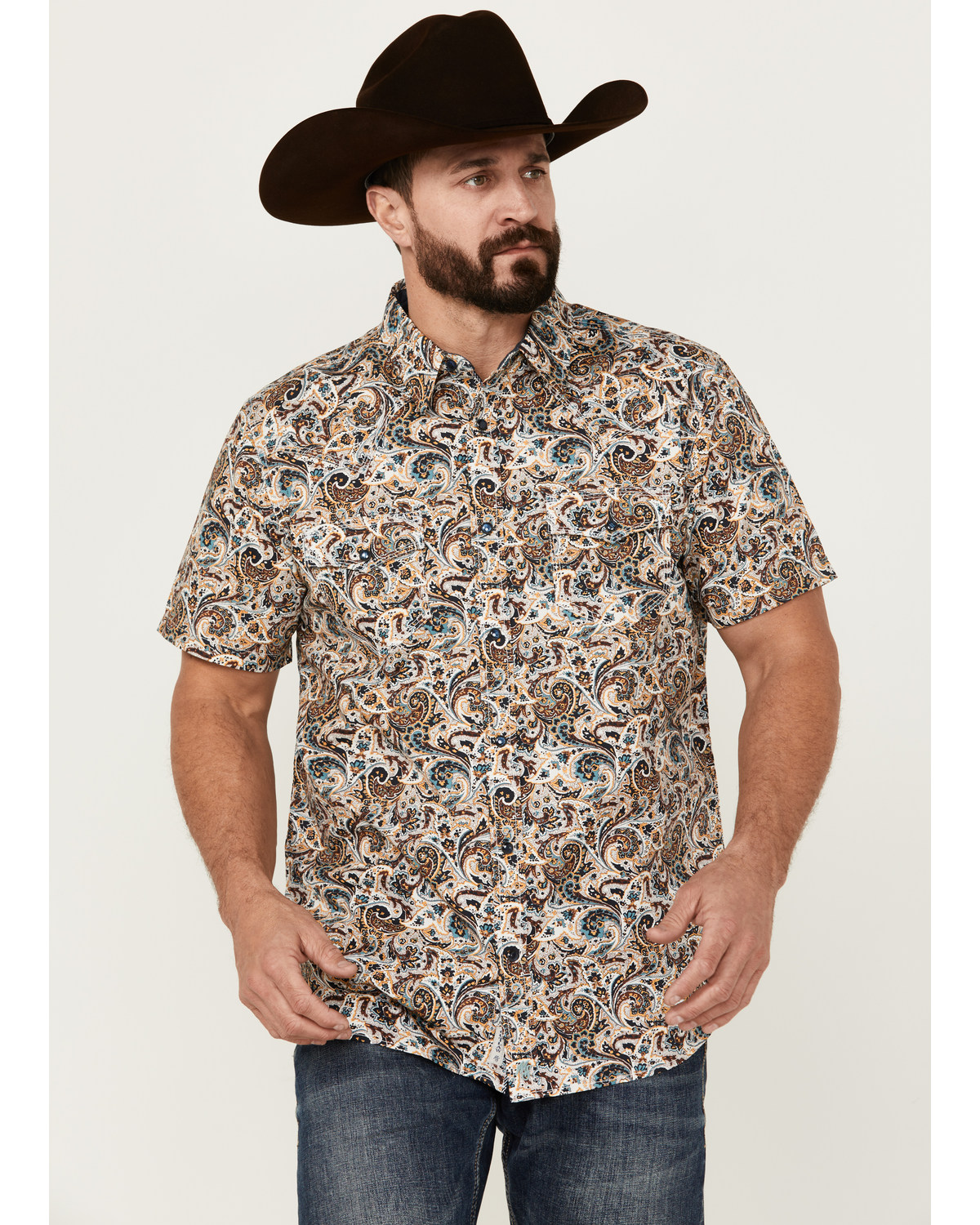 Moonshine Spirit Men's Sicilly Paisley Print Short Sleeve Snap Western Shirt