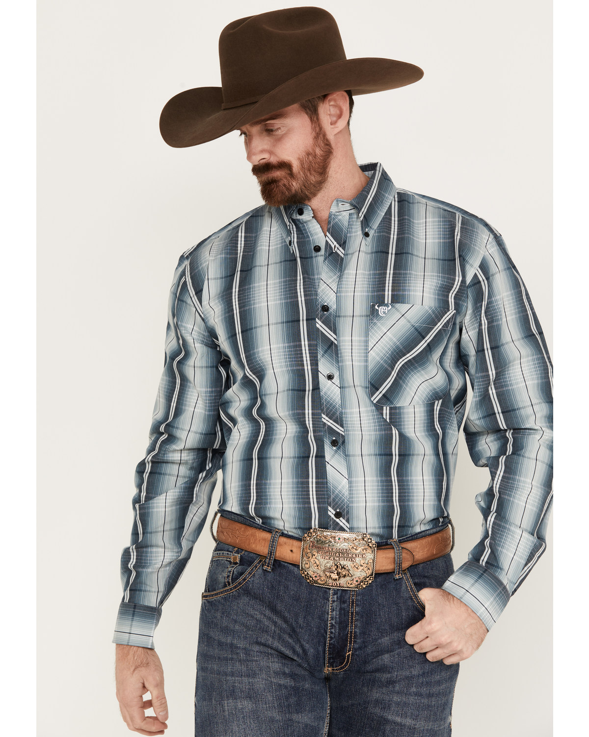 Cowboy Hardware Men's Gradient Plaid Print Long Sleeve Button Down Western Shirt