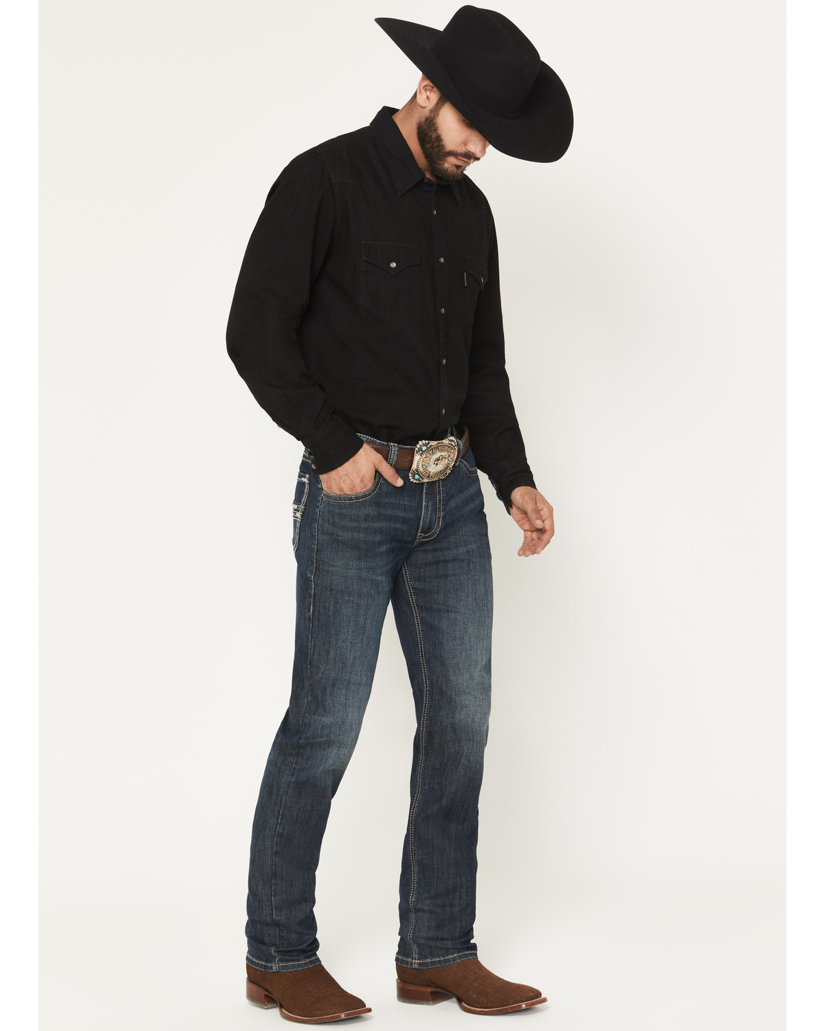 Rock & Roll Denim Men's Revolver Dark Wash Slim Straight Pleather Embroidered Stretch Jeans