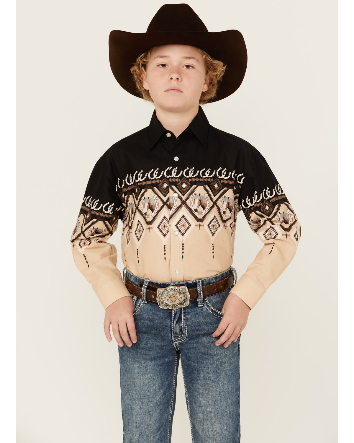 Panhandle Boys' Steers Scenic Border Print Long Sleeve Pearl Snap Western Shirt