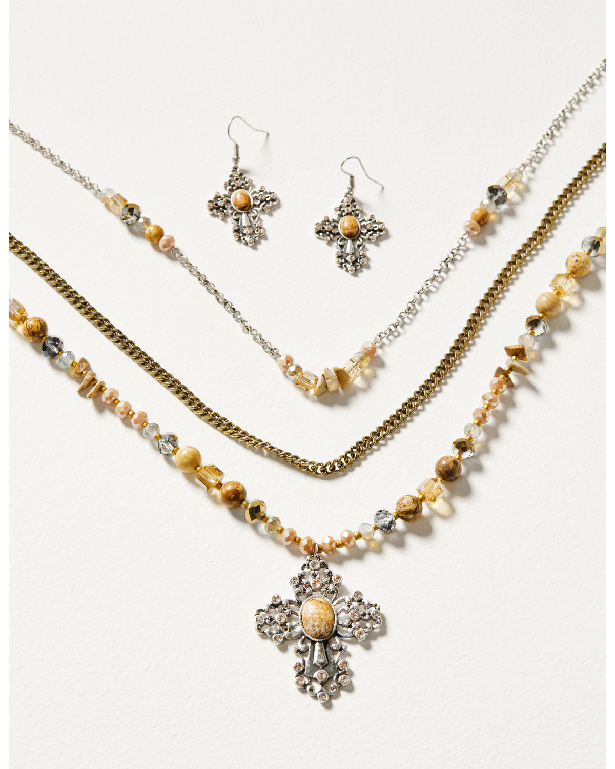 Shyanne Women's Champagne Chateau Cross Necklace & Earrings Set