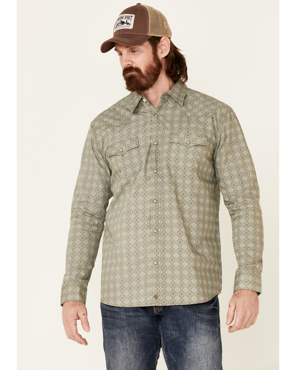 Moonshine Spirit Men's Sundial Geo Print Long Sleeve Snap Western Shirt