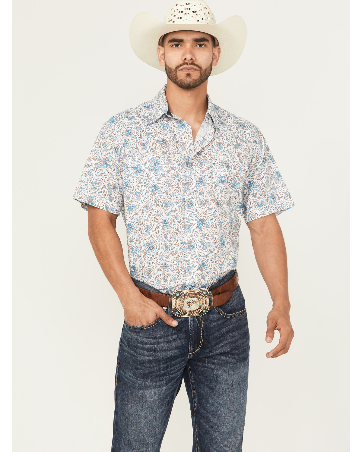 Roper Men's West Made Paisley Print Short Sleeve Pearl Snap Western Shirt
