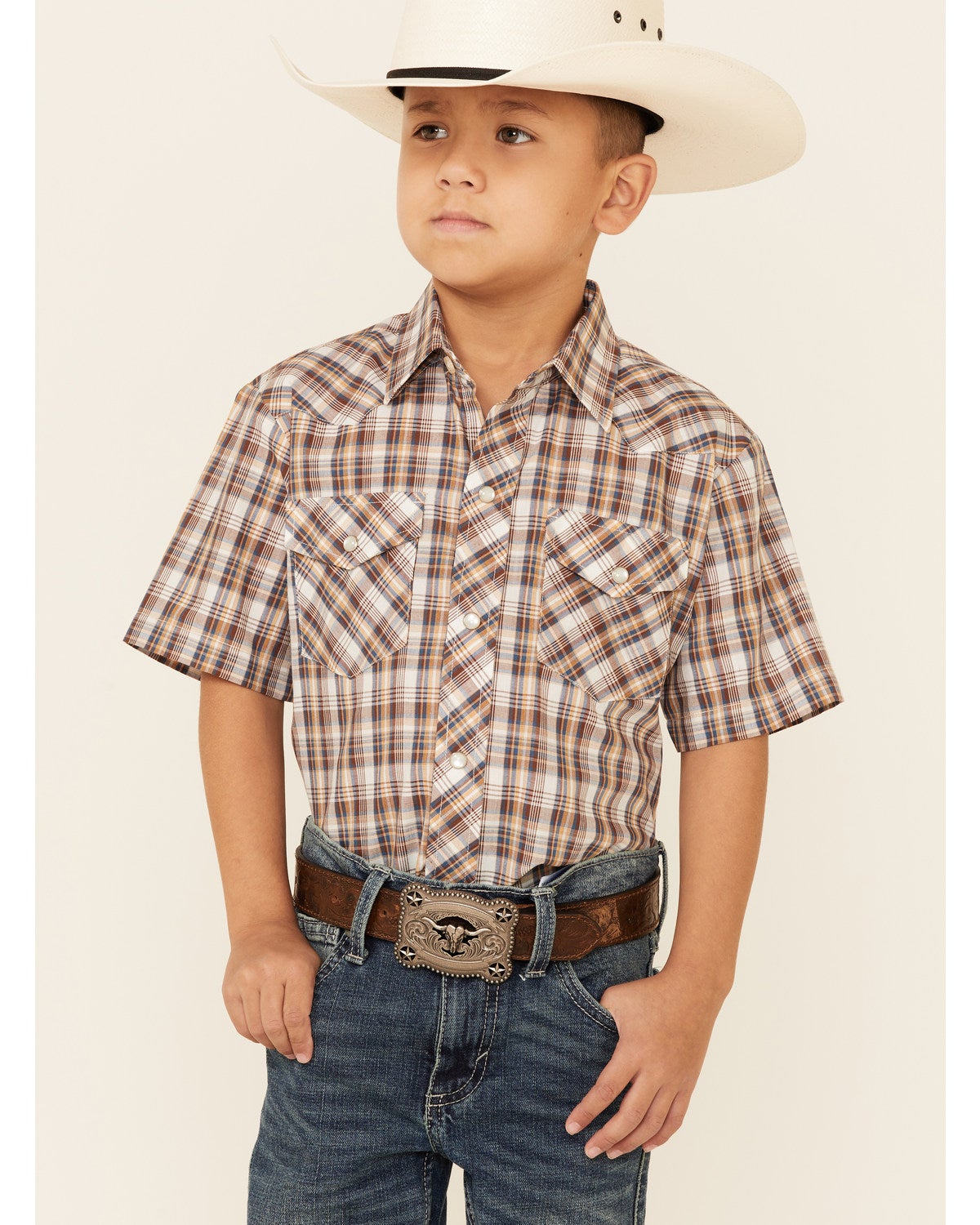 Roper Boys' Brown Plaid Short Sleeve 