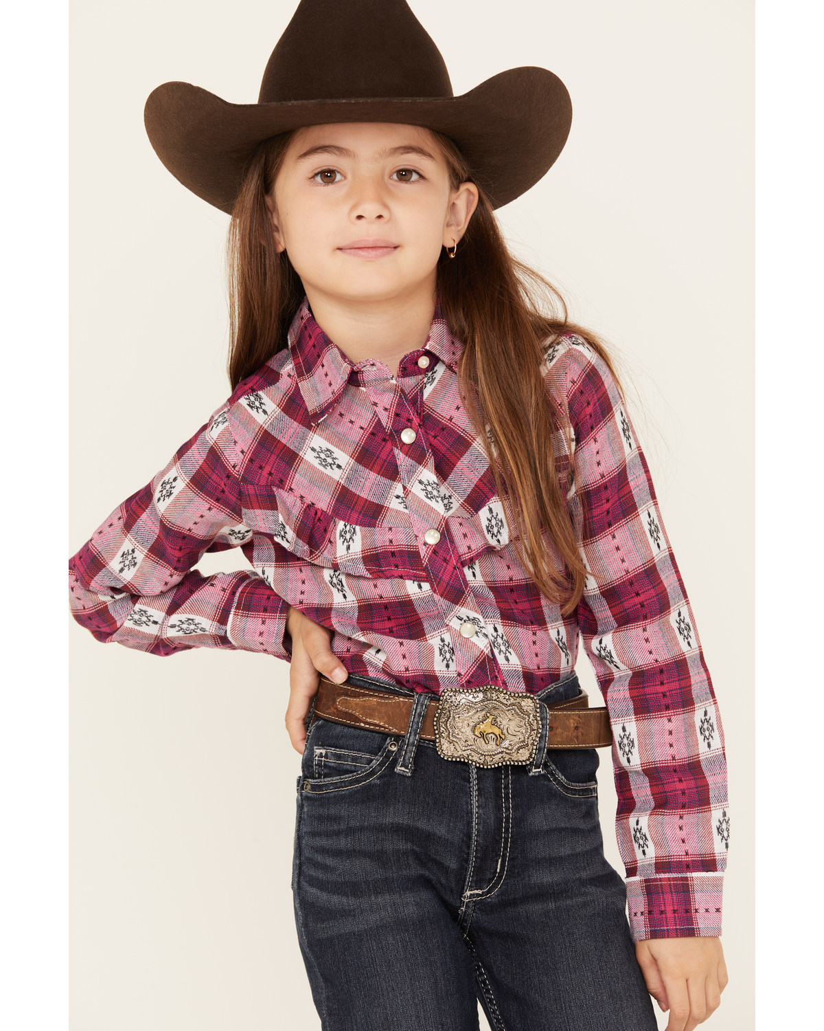Wrangler Girls' Plaid Print Long Sleeve Pearl Snap Western Shirt