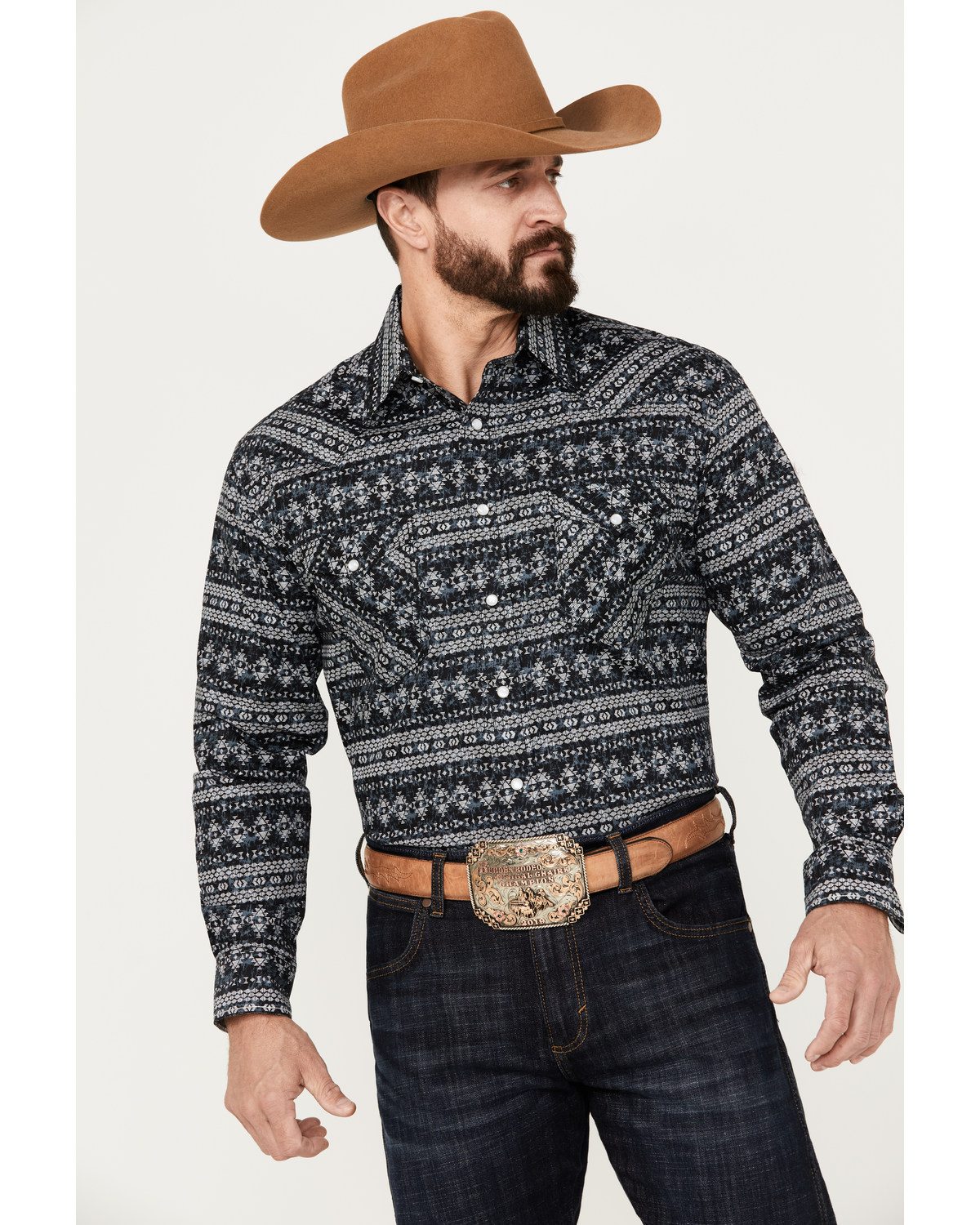Rough Stock by Panhandle Men's Southwestern Stretch Long Sleeve Western Pearl Snap Shirt