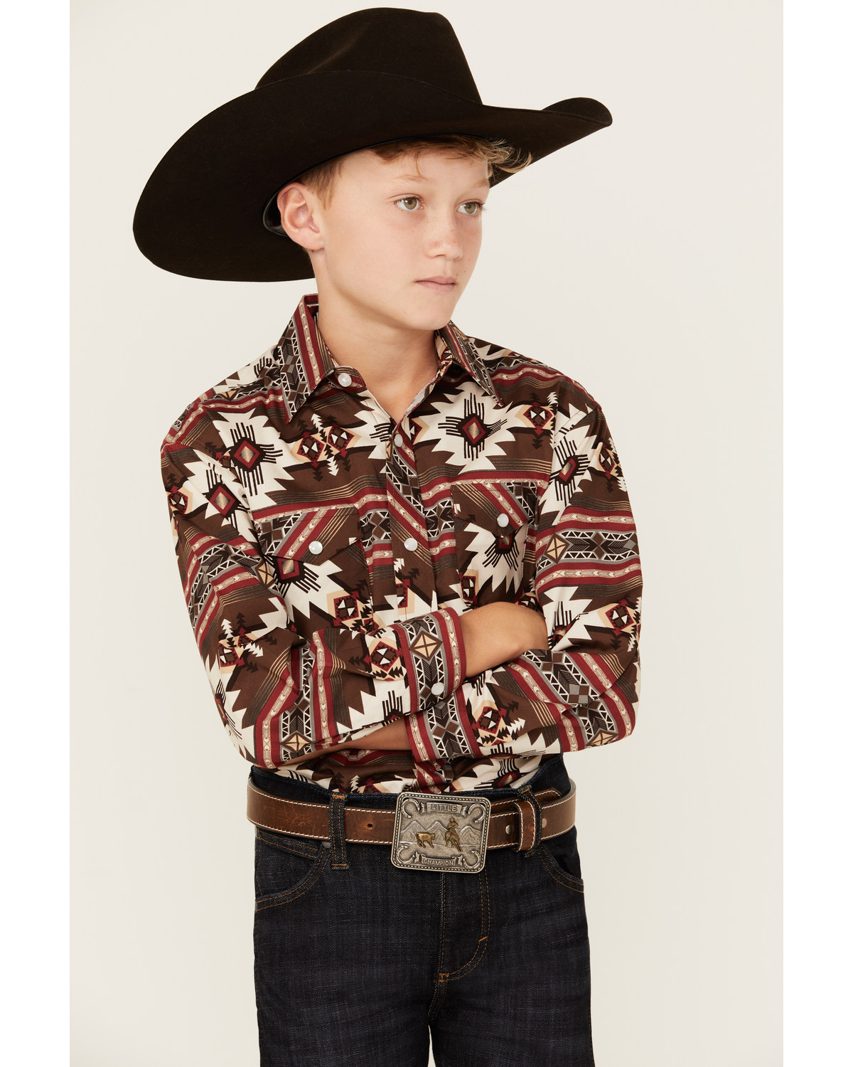 Panhandle Select Boys' Southwestern Print Long Sleeve Pearl Snap Western Shirt