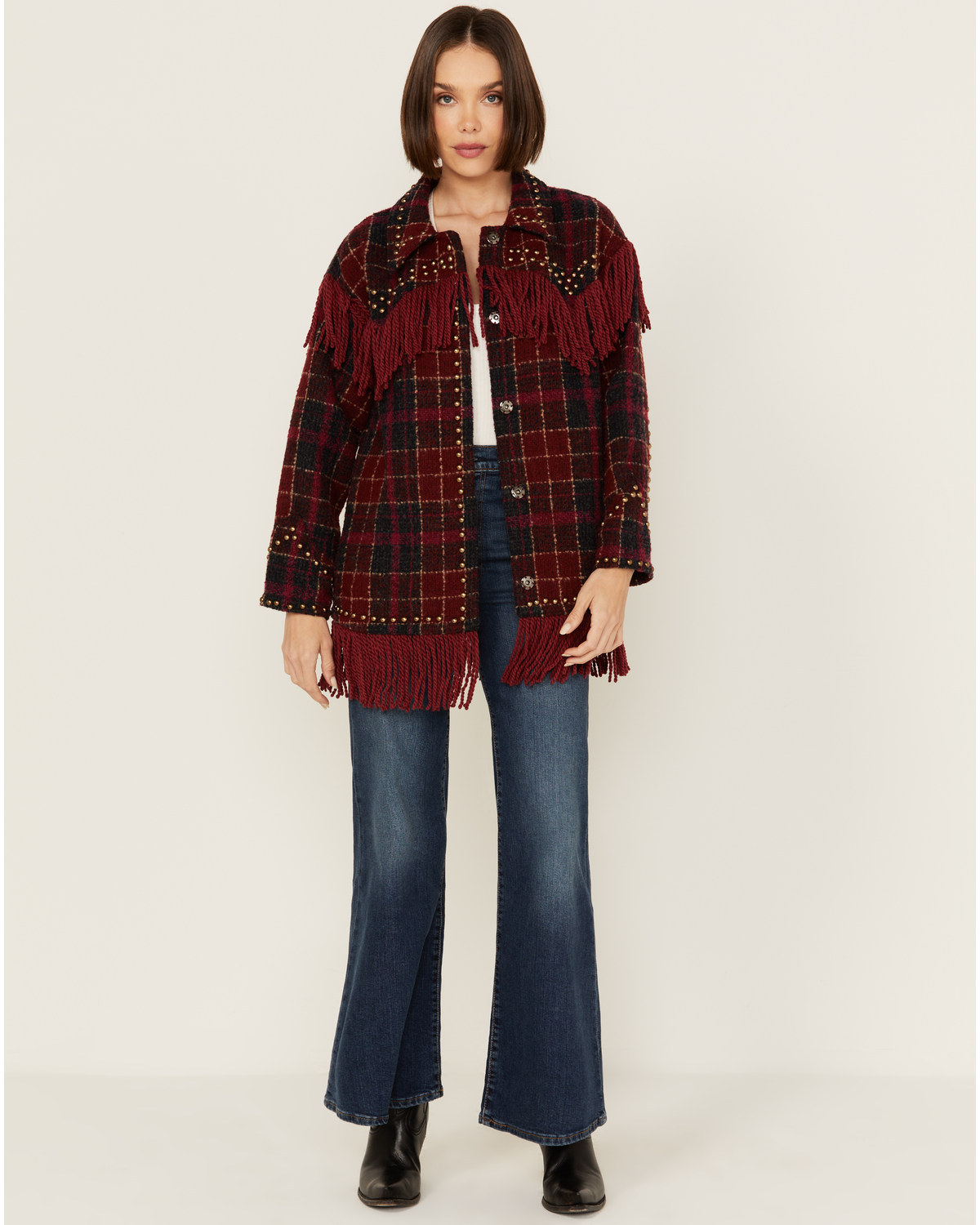 Vocal Women's Tweed Plaid Fringe Jacket