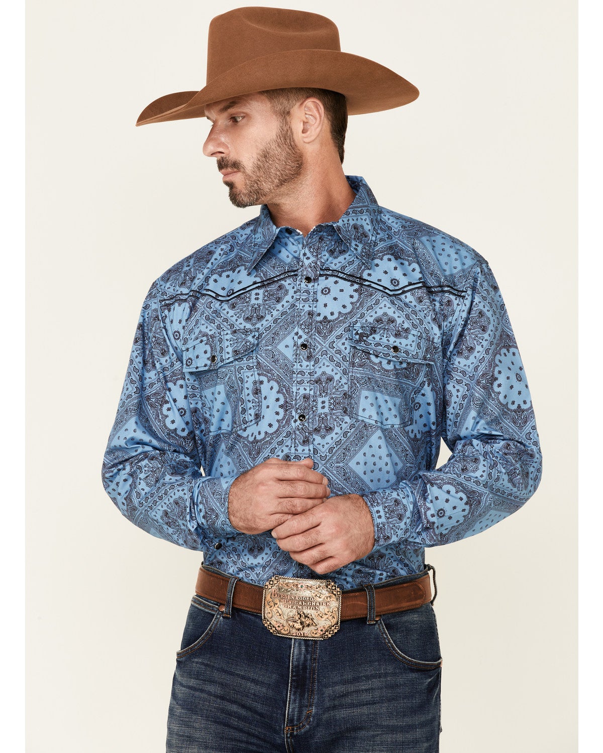 Cowboy Hardware Men's Blue Bandana Print Long Sleeve Snap Western Shir