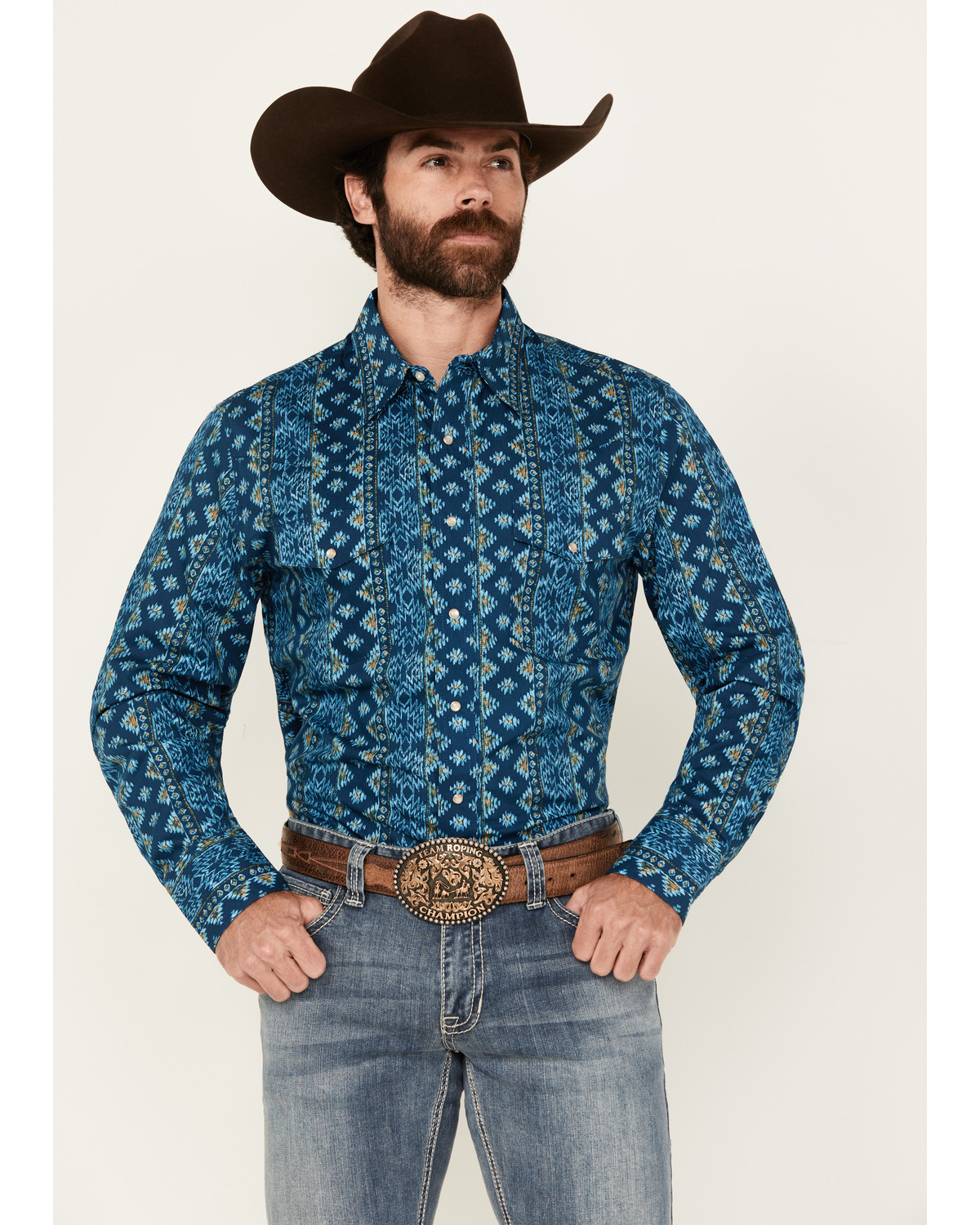 Wrangler Men's Checotah Southwestern Striped Long Sleeve Pearl Snap Western Shirt