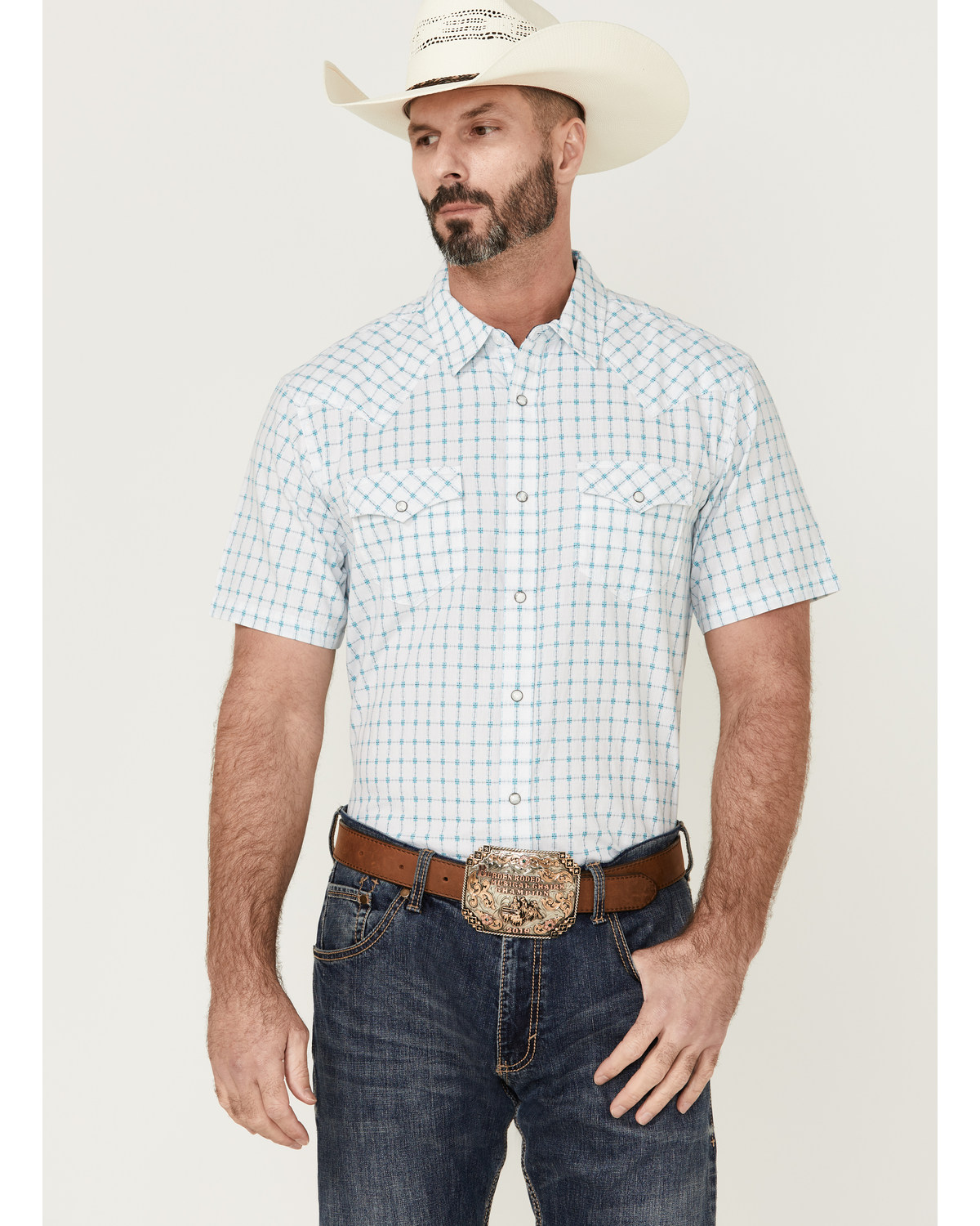 Moonshine Spirit Men's River Delta Small Plaid Short Sleeve Pearl Snap Western Shirt