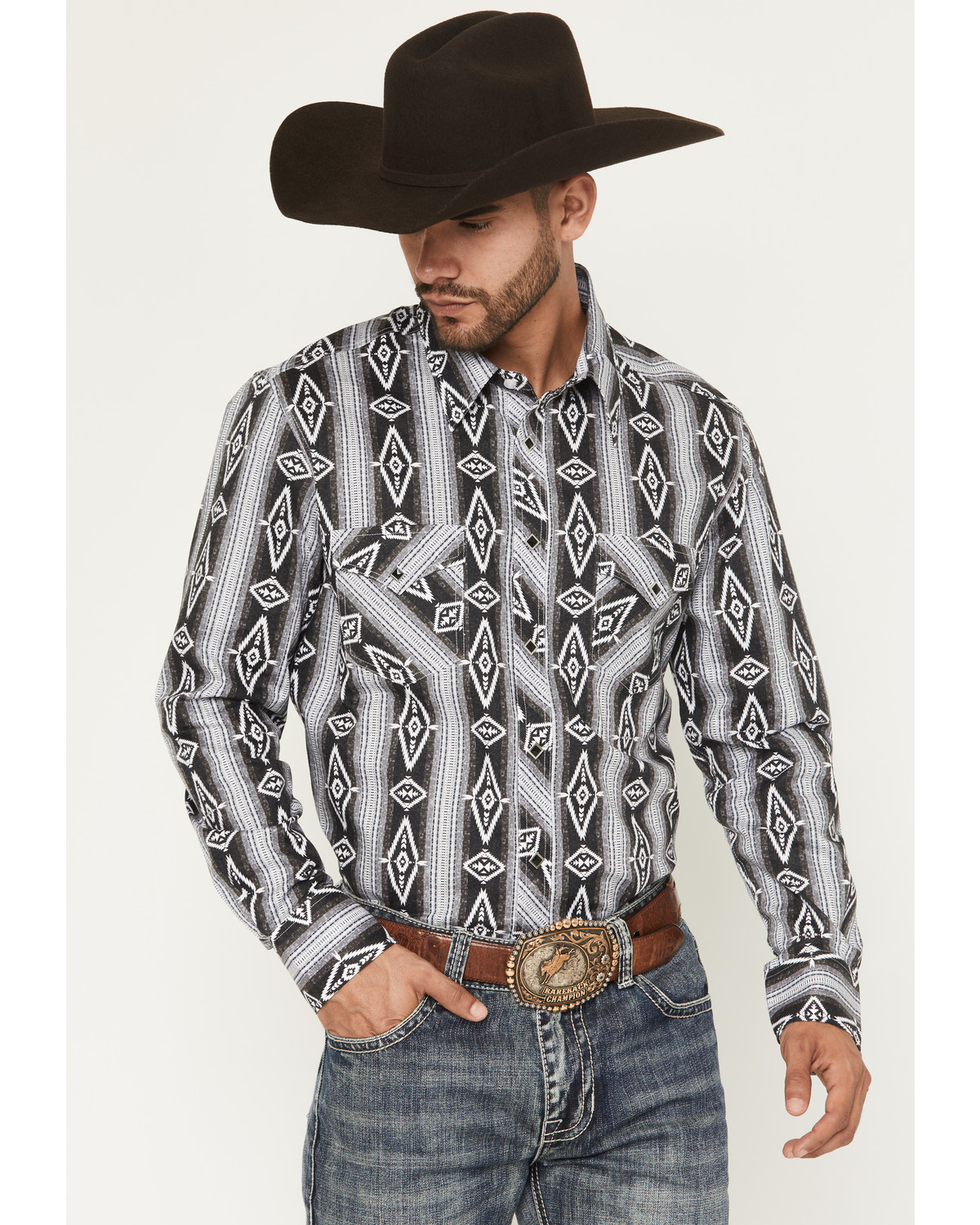 Rock & Roll Denim Men's Southwestern Print Long Snap Stretch Western Shirt