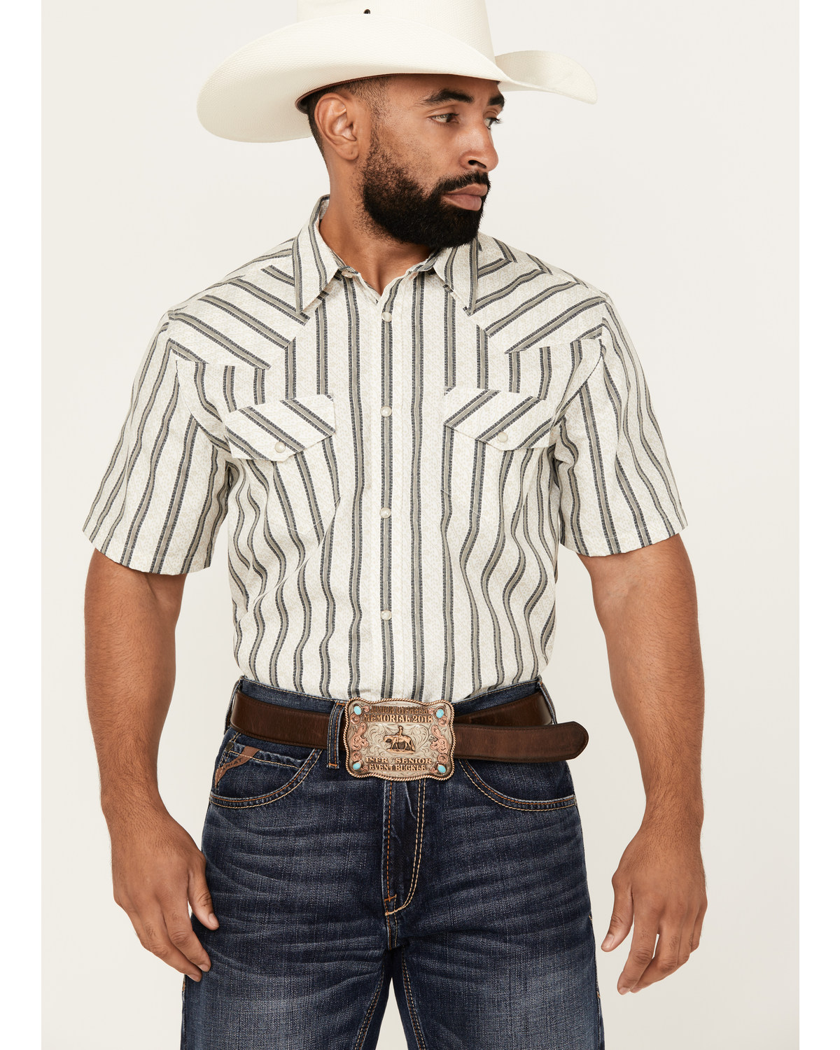 Gibson Trading Co Men's Side Swipe Vertical Striped Print Short Sleeve Snap Western Shirt