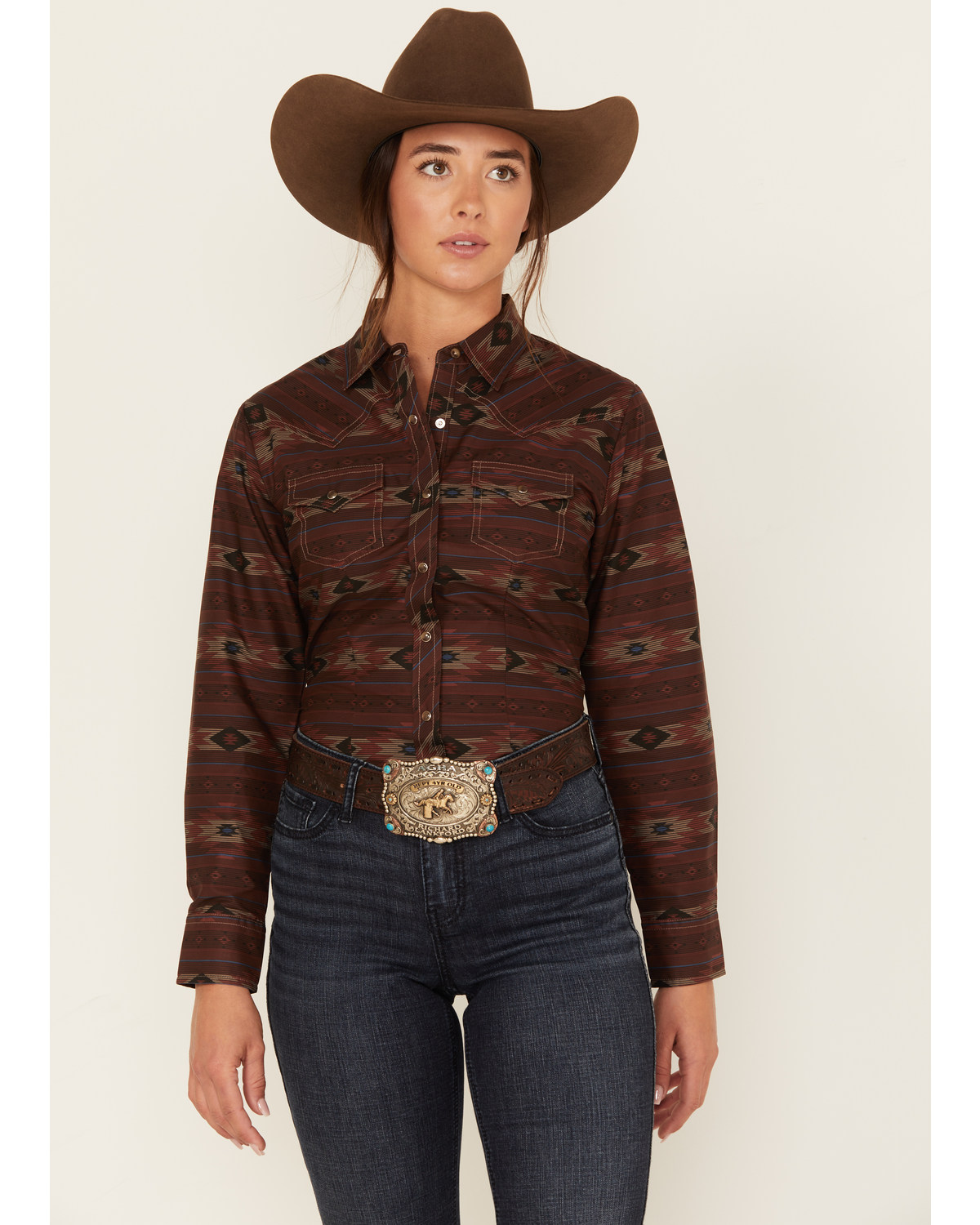 Cumberland Outfitters Women's Southwestern Stripe Print Long Sleeve Snap Western Shirt