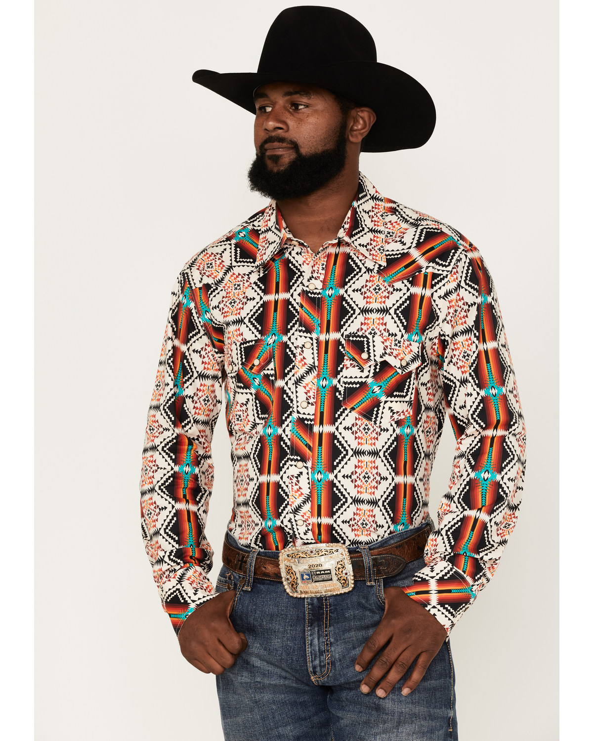 Rock & Roll Denim Men's Southwestern Print Stretch Long Sleeve Pearl Snap Shirt