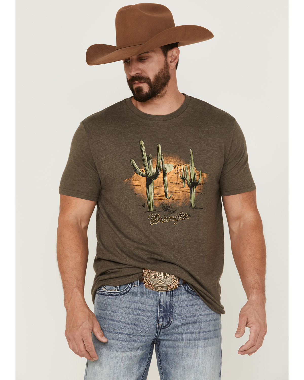 Wrangler Men's Heather Brown Desert Logo Graphic T-Shirt