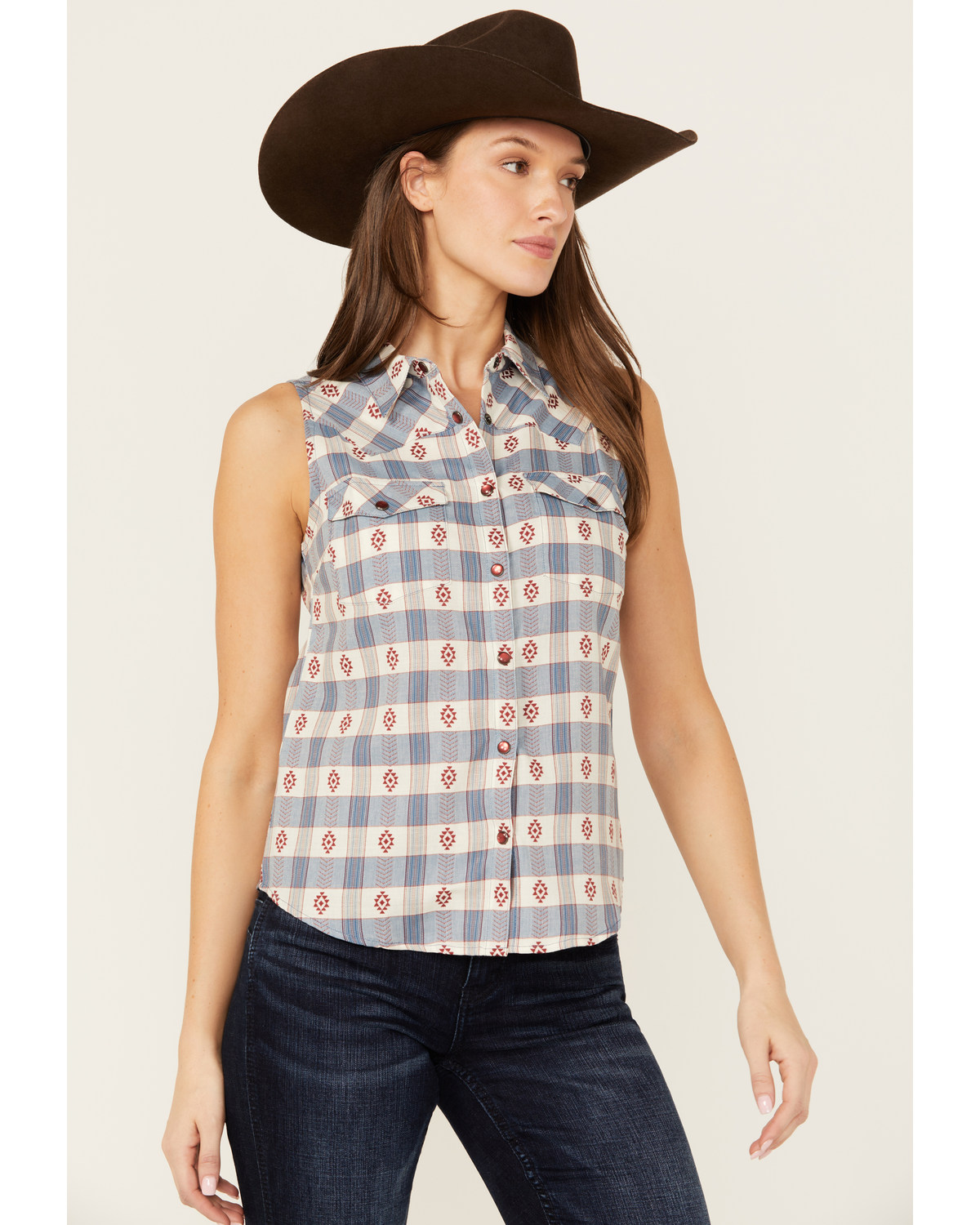 Shyanne Women's Casper Checkered Print Sleeveless Pearl Snap Western Shirt