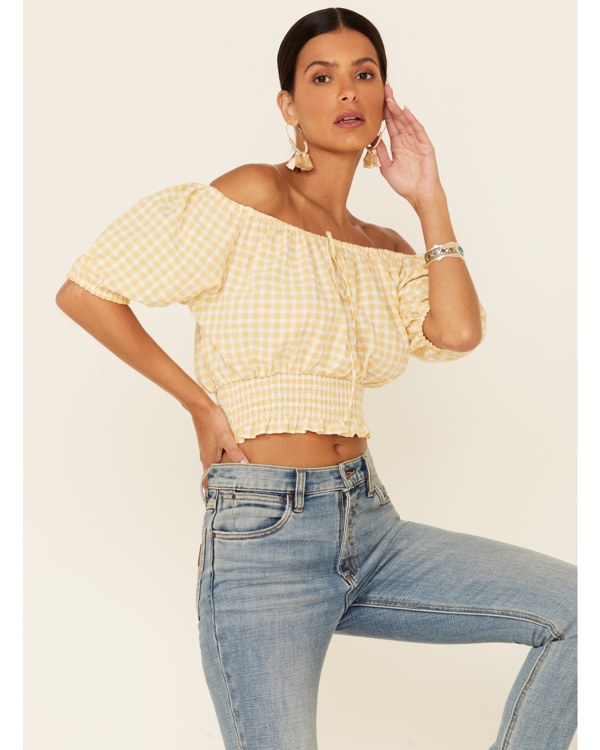 Beyond The Radar Women's Gingham Off-Shoulder Peasant Crop Top