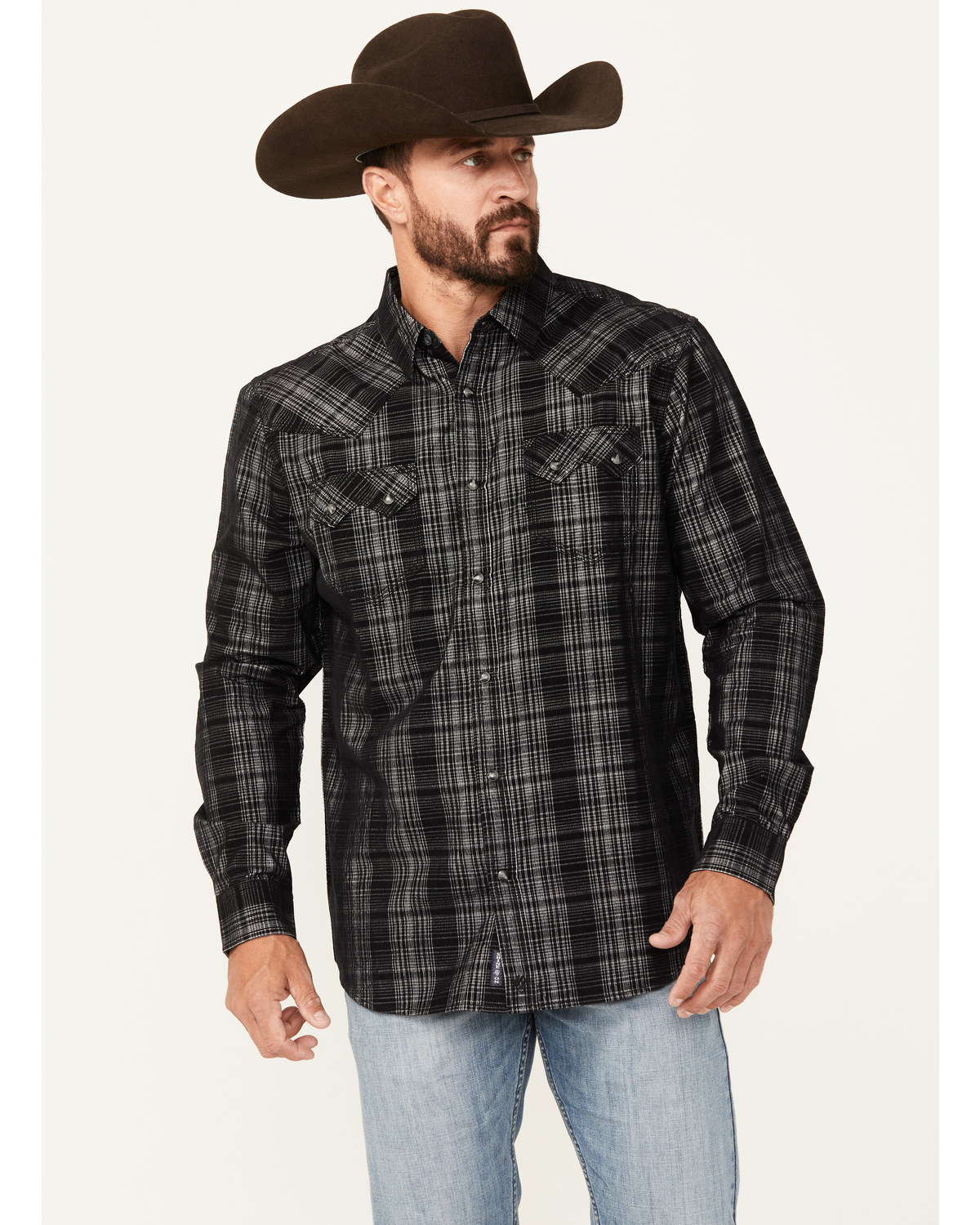 Moonshine Spirit Men's Black Jack Plaid Print Long Sleeve Snap Western Shirt