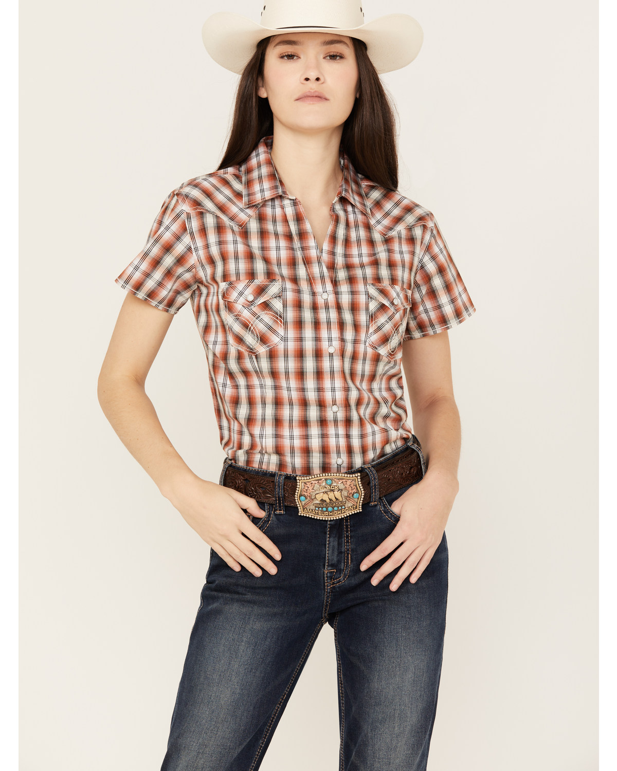Rough Stock by Panhandle Women's Plaid Print Stretch Short Sleeve Western Snap Shirt