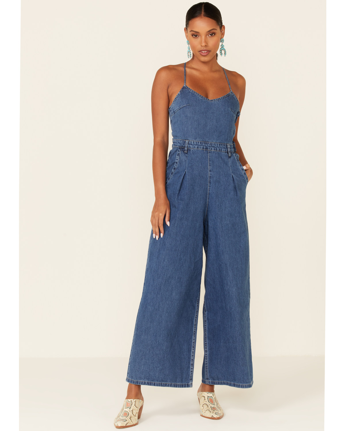 Women's blue denim jumpsuit clearance