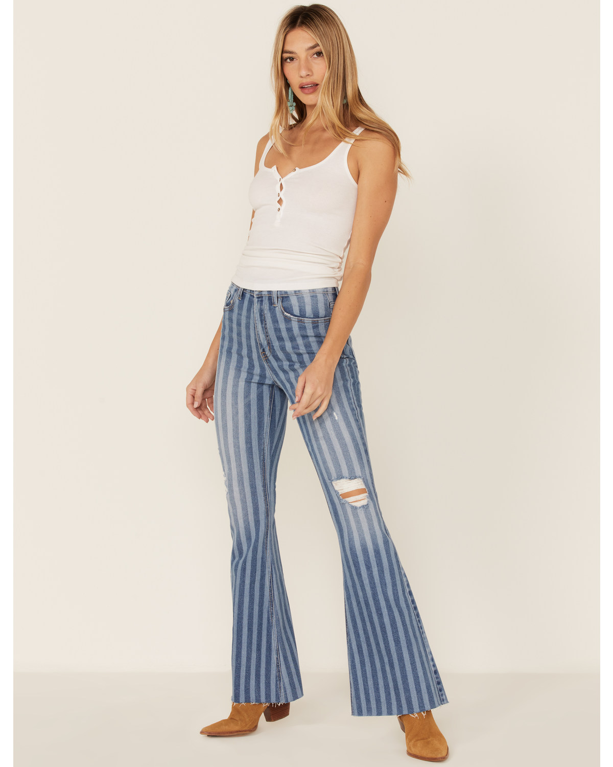 Cello Women's Stripe Destruction Flare Jeans