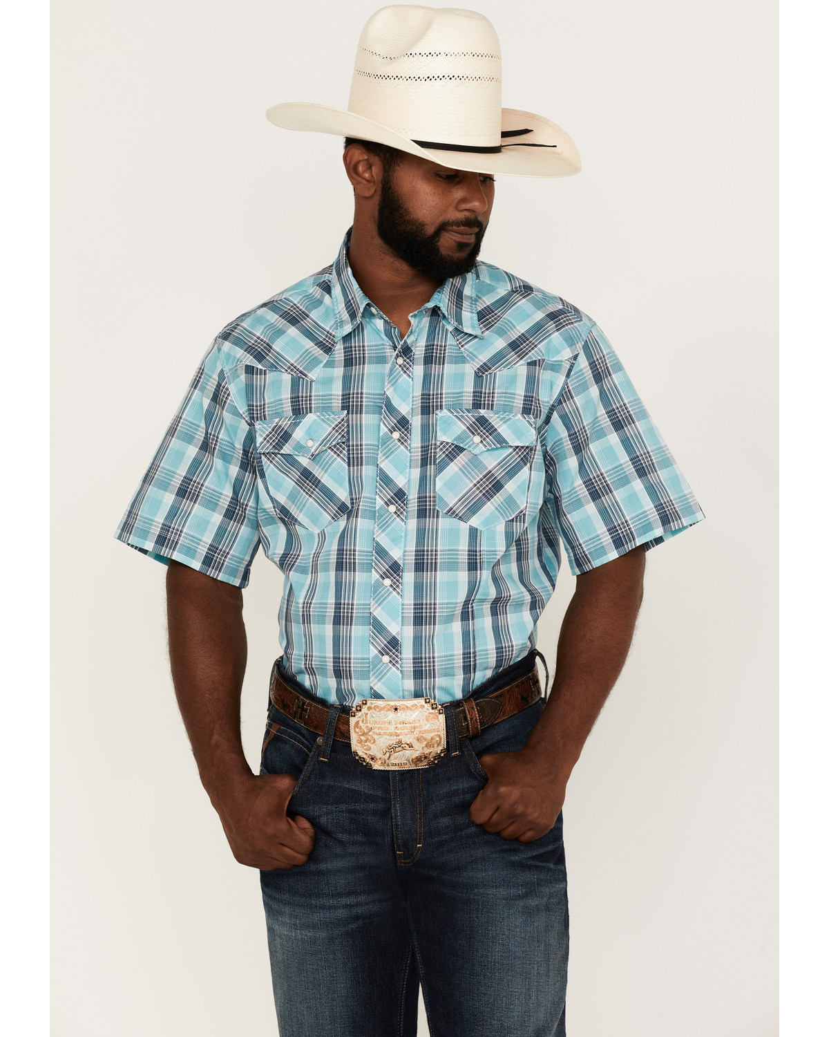 Wrangler Men's Plaid Print Short Sleeve Snap Western Shirt