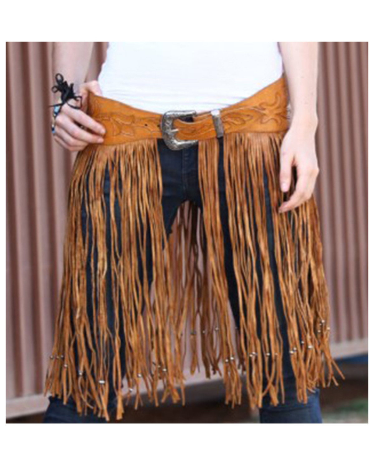 Kobler Women's Leather Hand-Tooled Fringe Belt