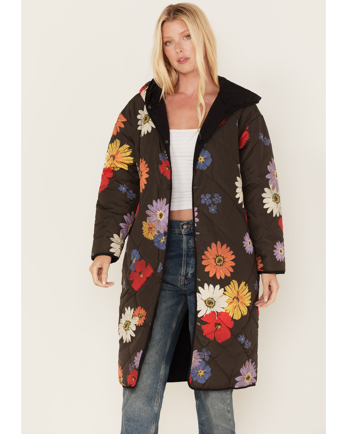 Wrangler Women's Floral Print Reversible Quilted Hooded Jacket