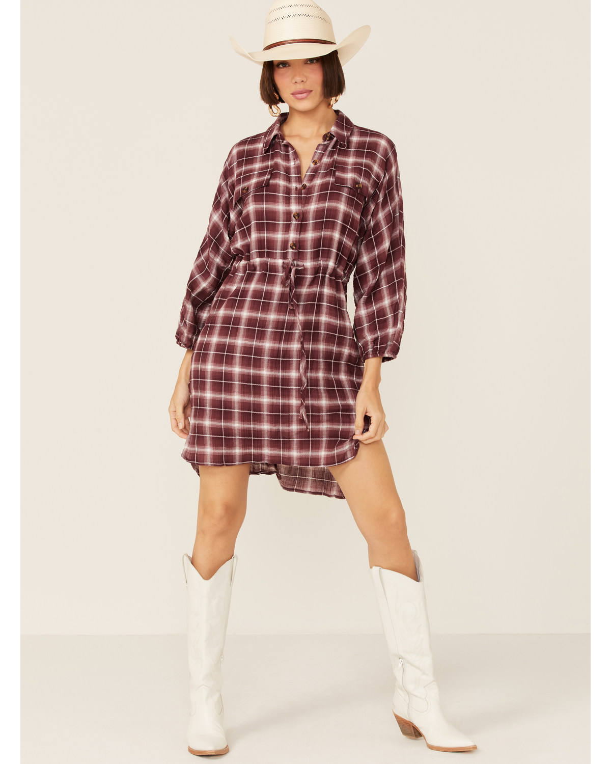 Wild Moss Women's Burgundy Long Sleeve Plaid Shirt Dress