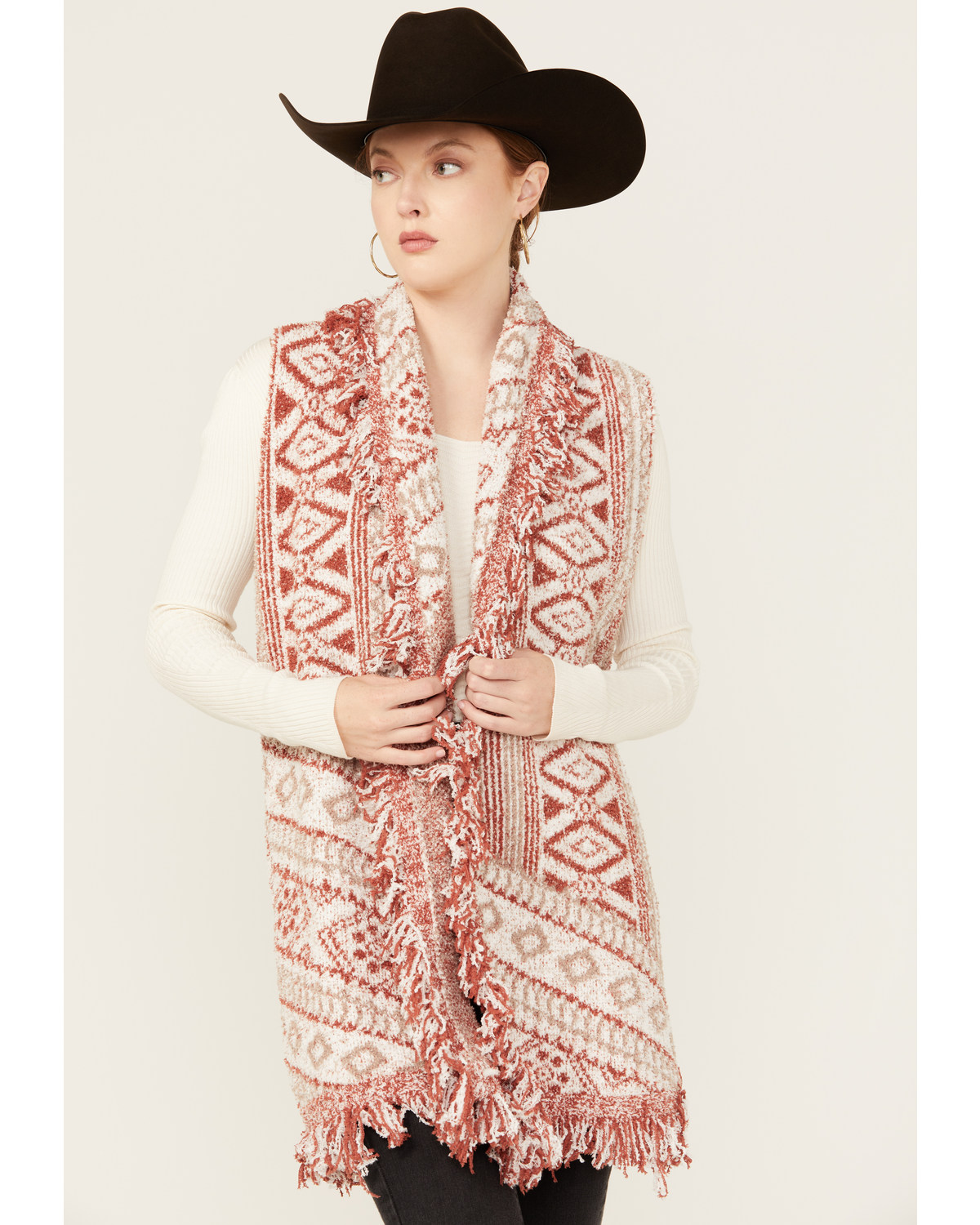 Miss Me Women's Southwestern Print Fringe Long Knit Vest
