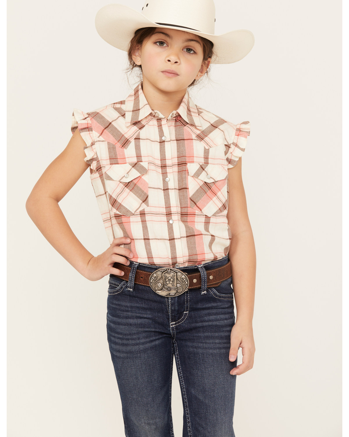 Shyanne Girls' Plaid Print Ruffle Sleeve Western Pearl Snap Shirt